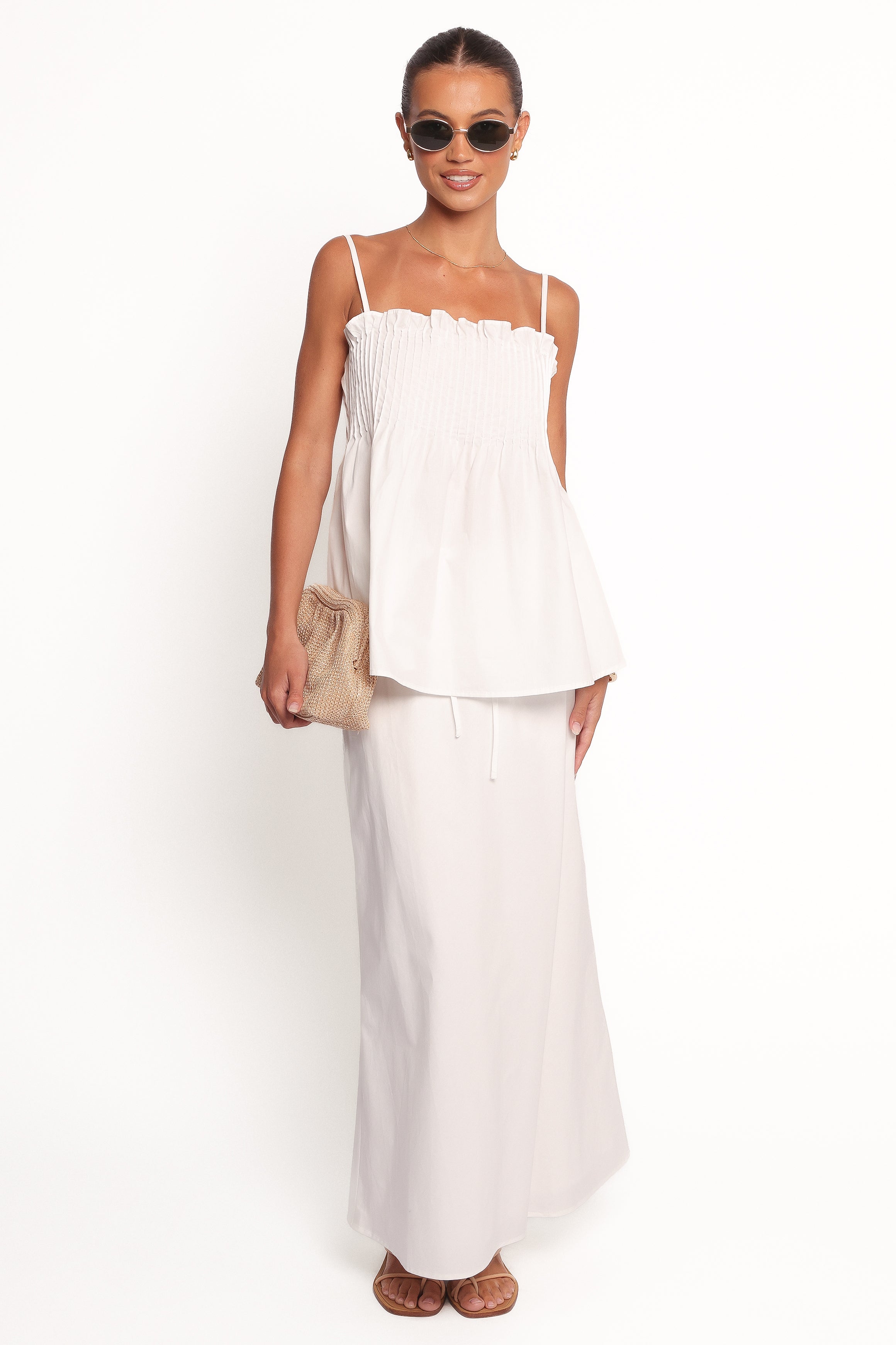 White Carson Pleated Sleeveless Top with Square Neckline