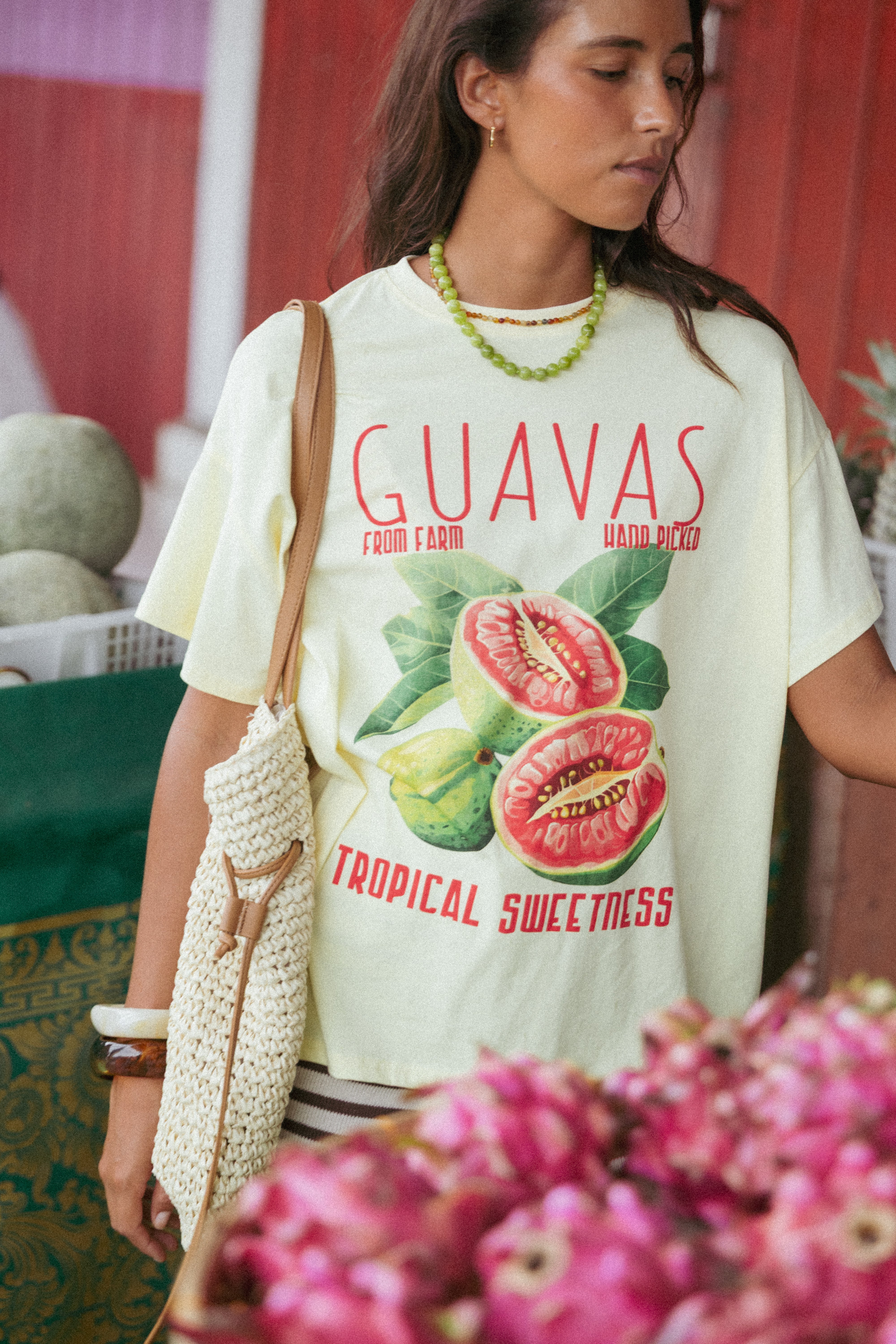 Women's Oversized Cotton T-Shirt with Guava Graphic - Pale Yellow