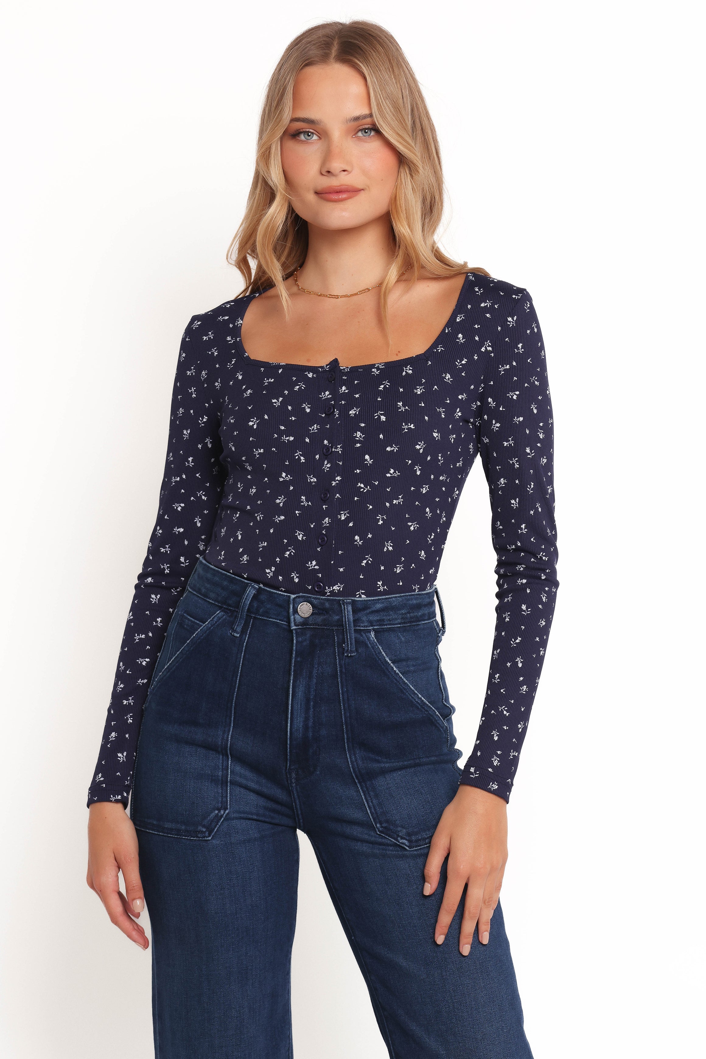 Navy Ditsy Floral Long Sleeve Top with Square Neckline – Keanu