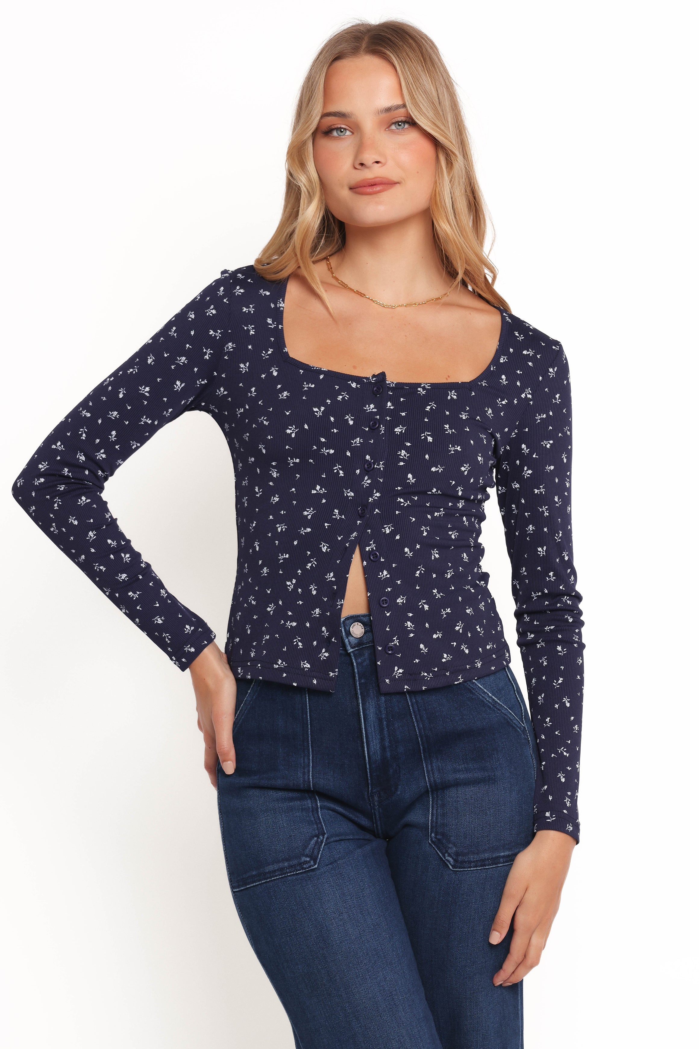 Navy Ditsy Floral Long Sleeve Top with Square Neckline – Keanu
