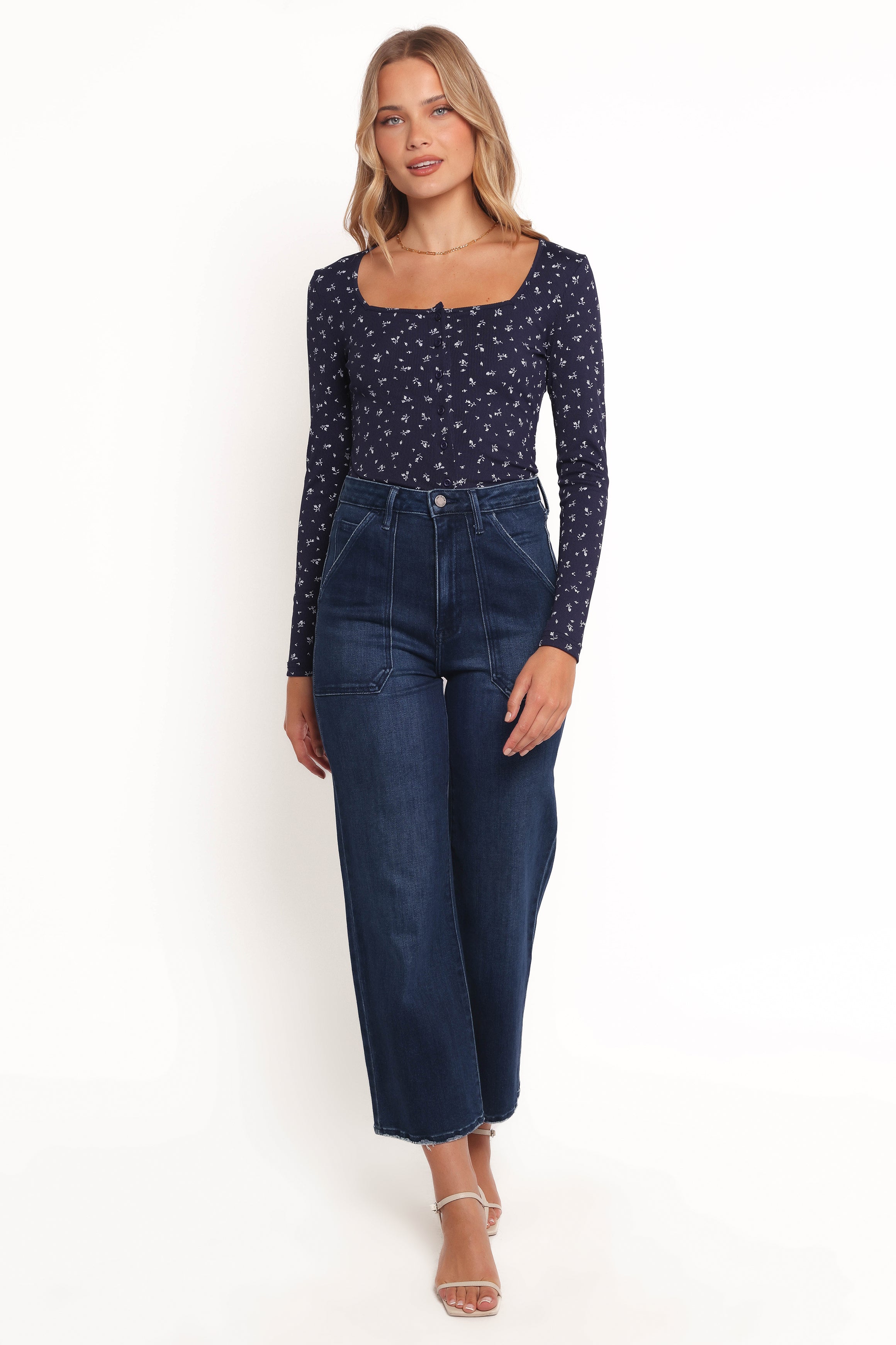Navy Ditsy Floral Long Sleeve Top with Square Neckline – Keanu