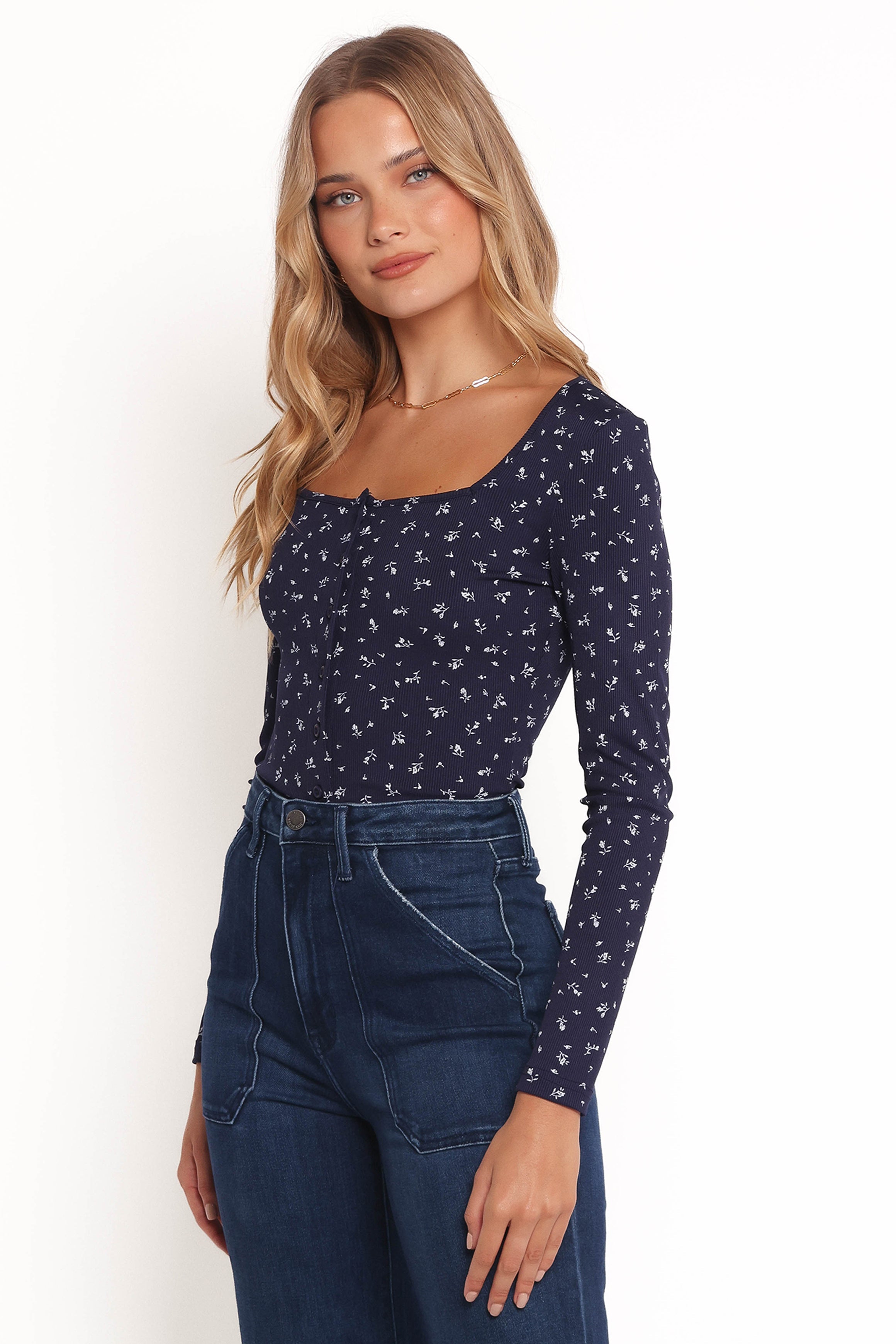 Navy Ditsy Floral Long Sleeve Top with Square Neckline – Keanu