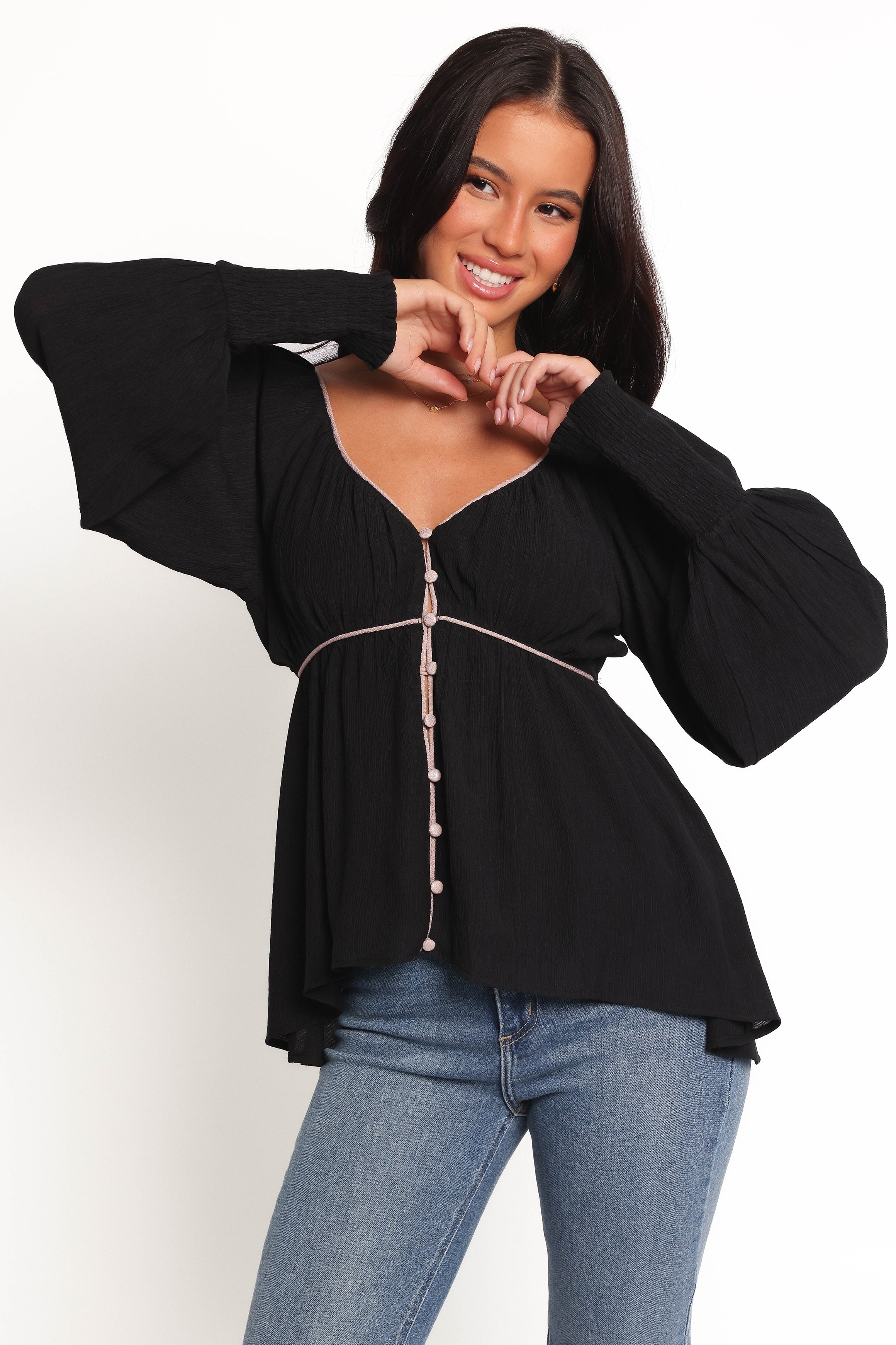 Pannia Black V-Neck Long Sleeve Top with Shirred Cuffs