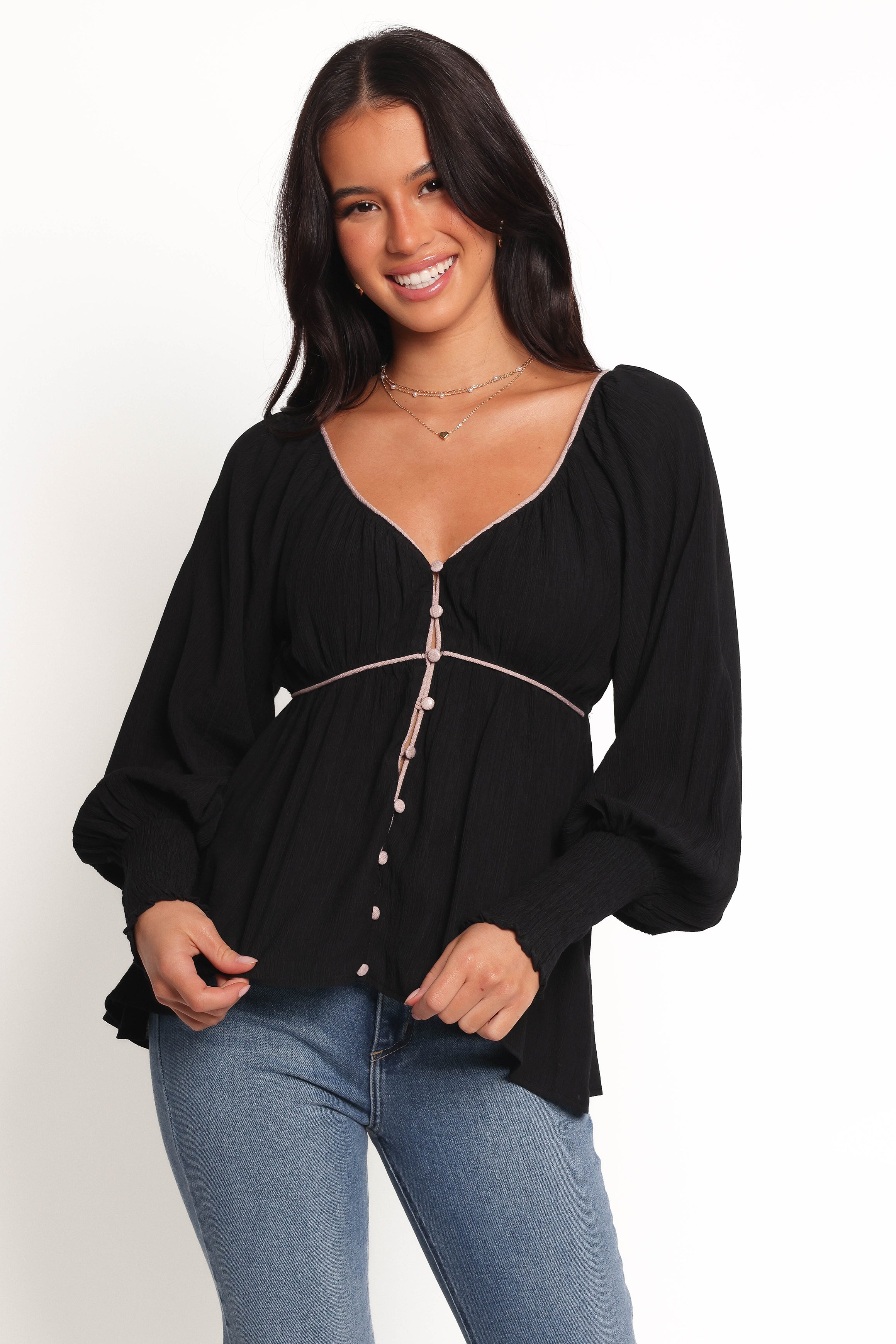 Pannia Black V-Neck Long Sleeve Top with Shirred Cuffs