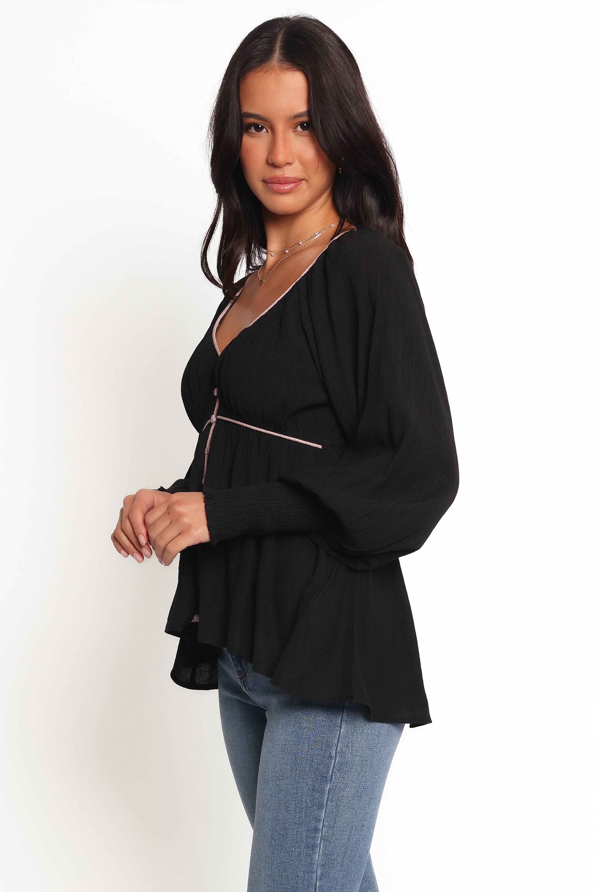 Pannia Black V-Neck Long Sleeve Top with Shirred Cuffs