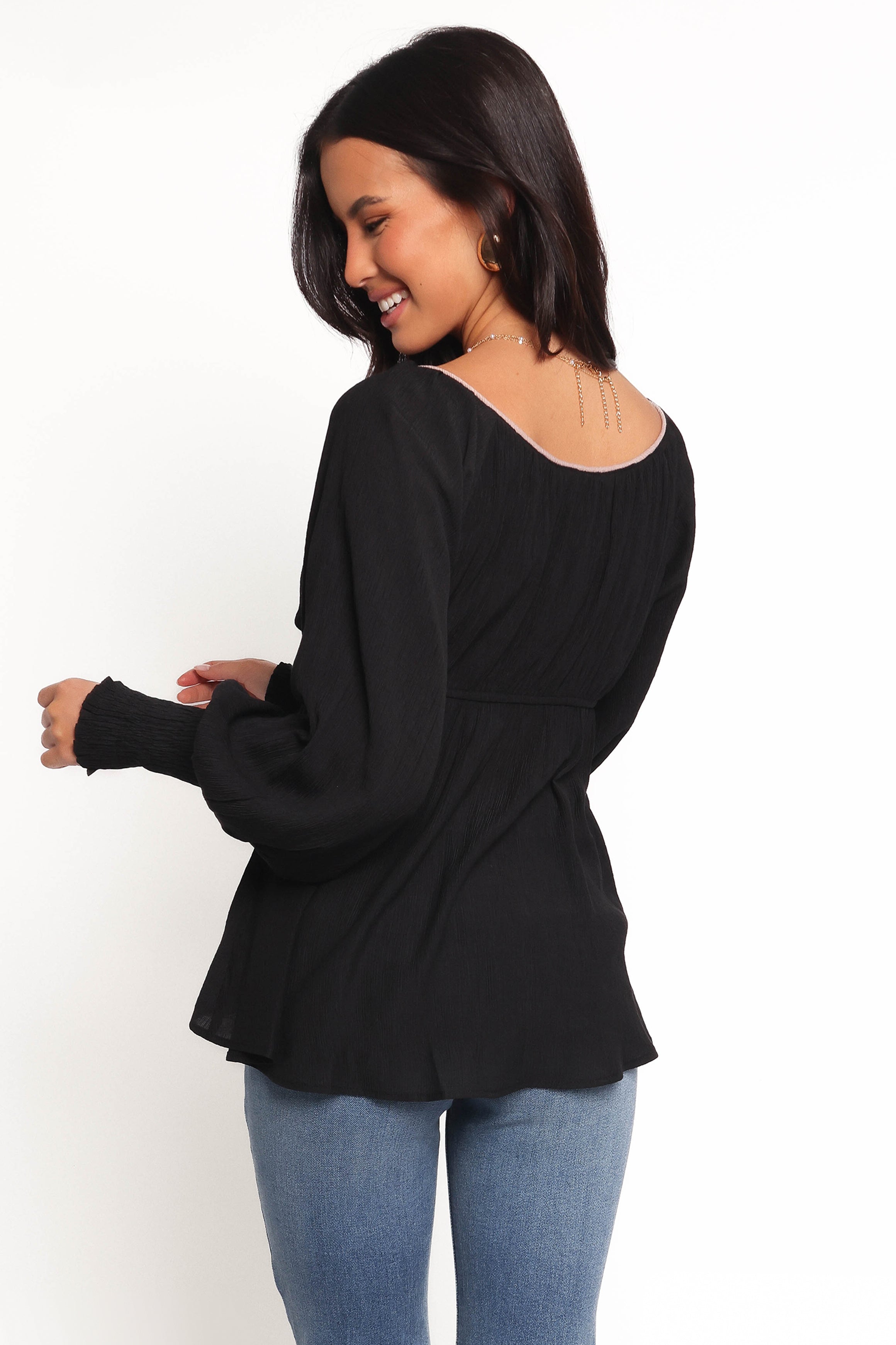 Pannia Black V-Neck Long Sleeve Top with Shirred Cuffs