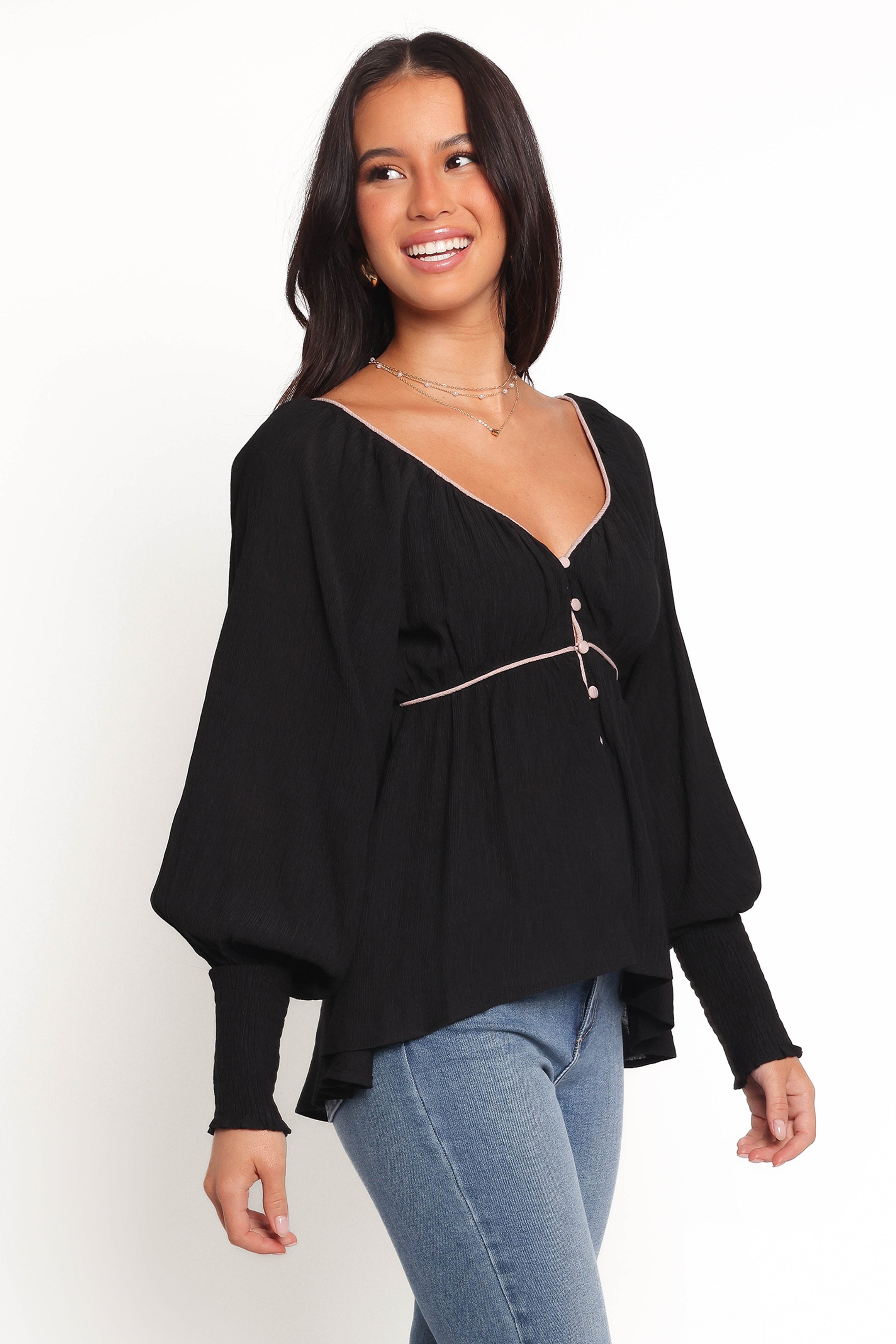 Pannia Black V-Neck Long Sleeve Top with Shirred Cuffs