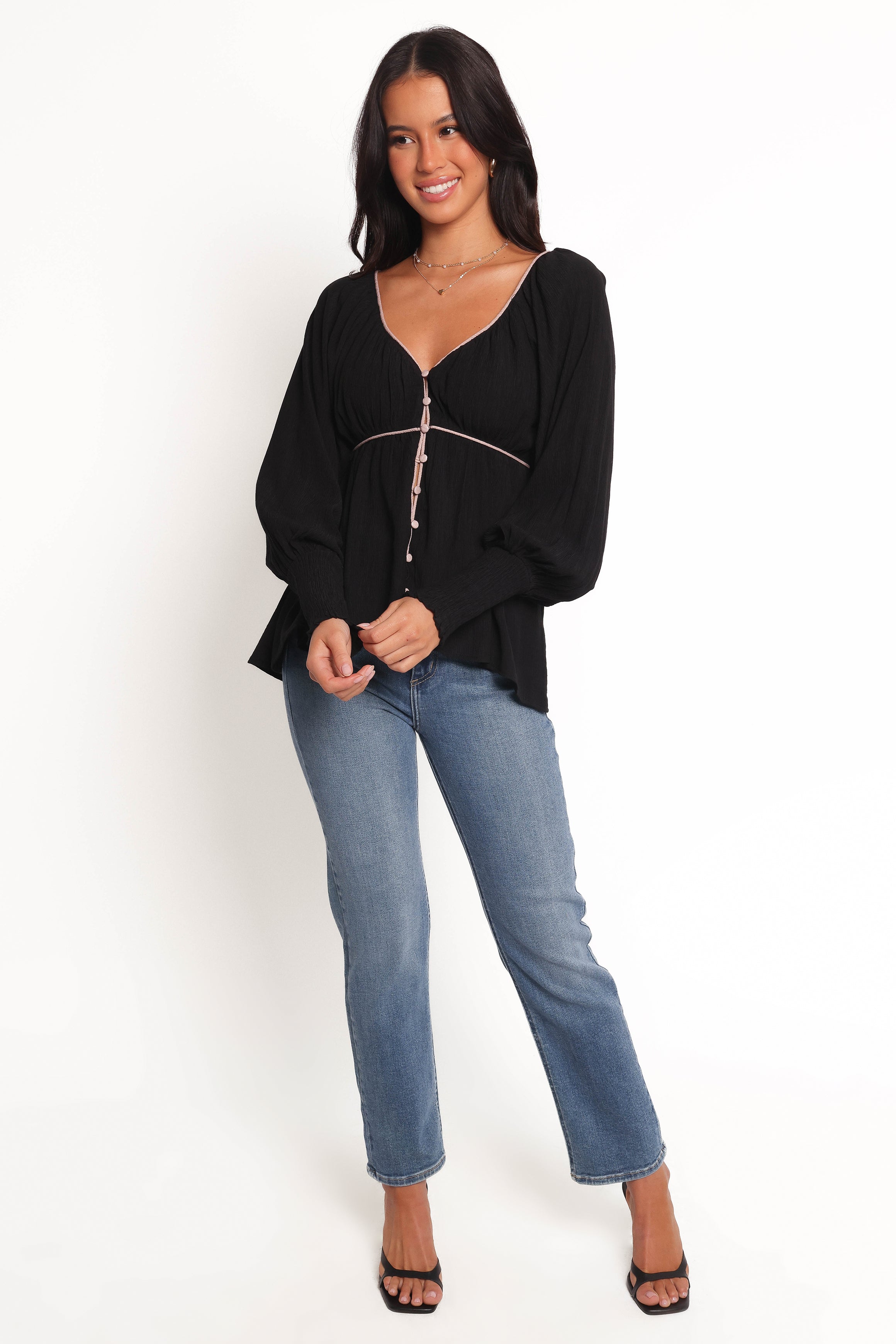 Pannia Black V-Neck Long Sleeve Top with Shirred Cuffs