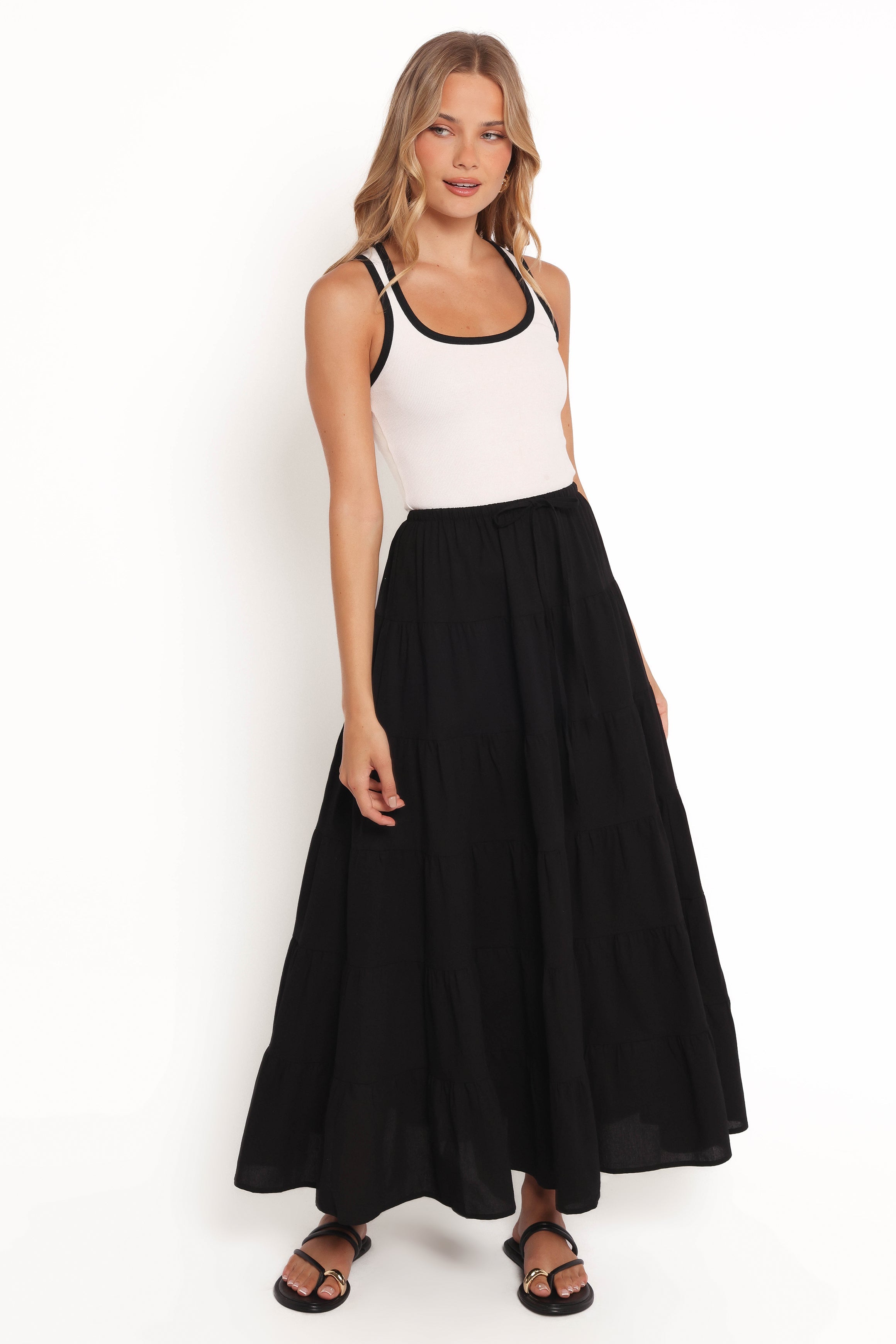 Archy High Waisted Cotton Tiered Maxi Skirt - Black A-Line Flowy Design