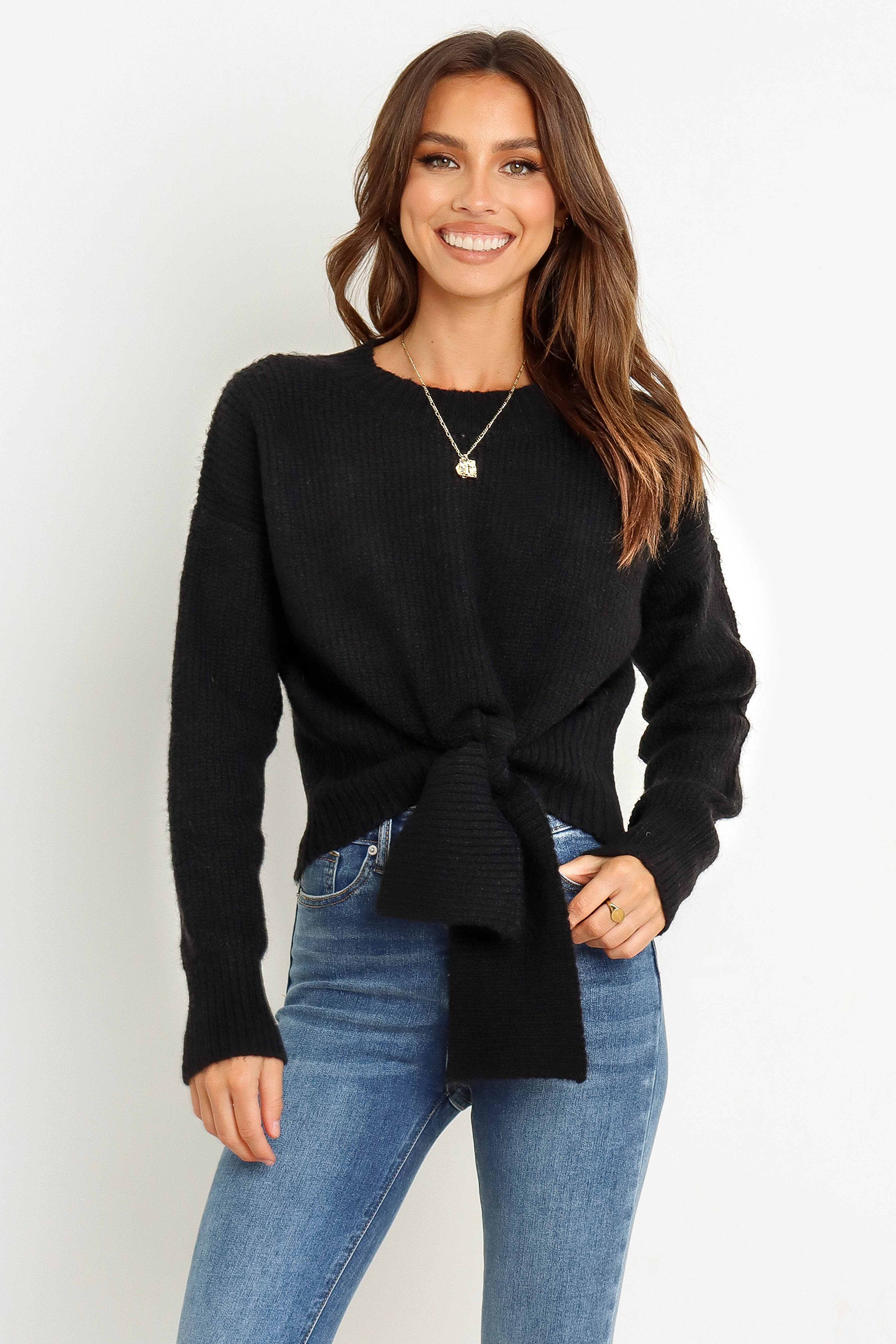Women's Black Knit Sweater with Waist Tie - Soft Ribbed Neckline