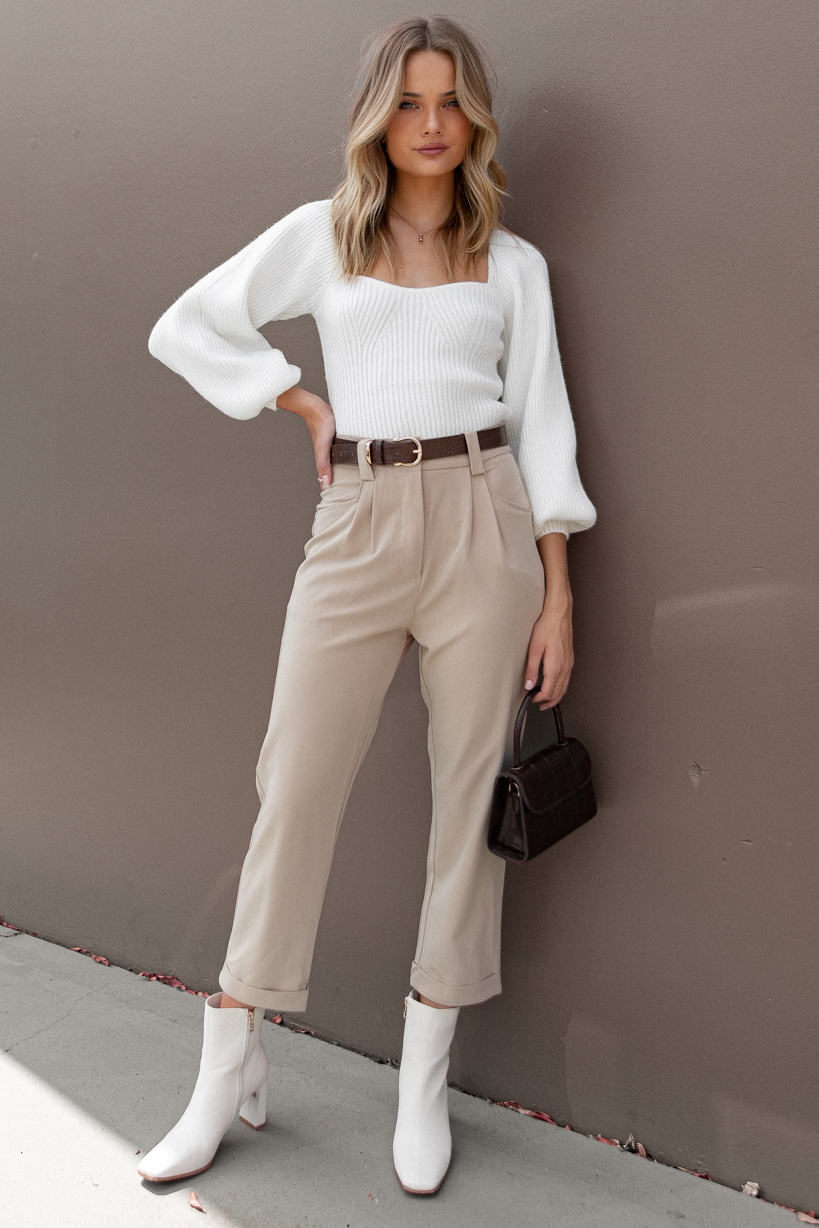 Lexie High Waisted Beige Pants with Tapered Fit & Rolled Hem