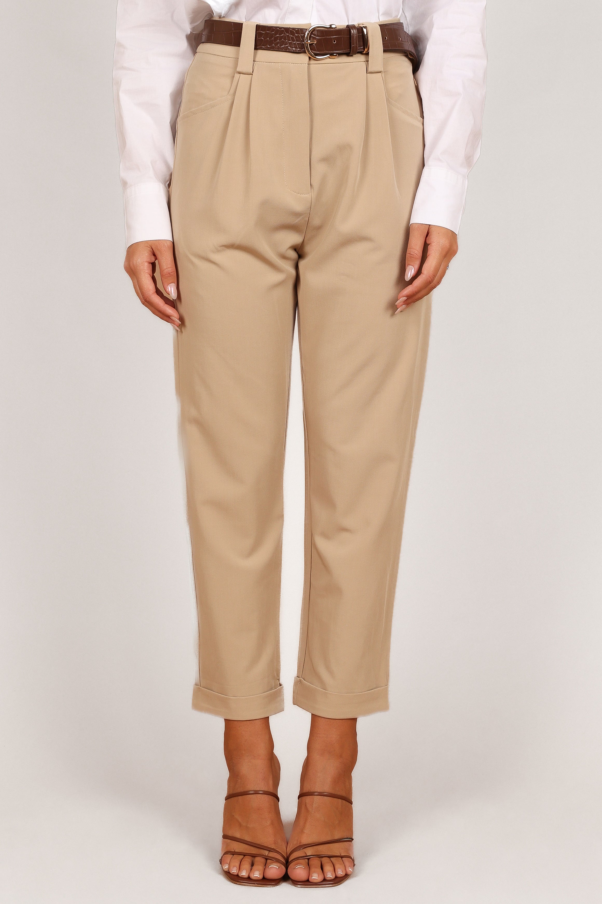 Lexie High Waisted Beige Pants with Tapered Fit & Rolled Hem