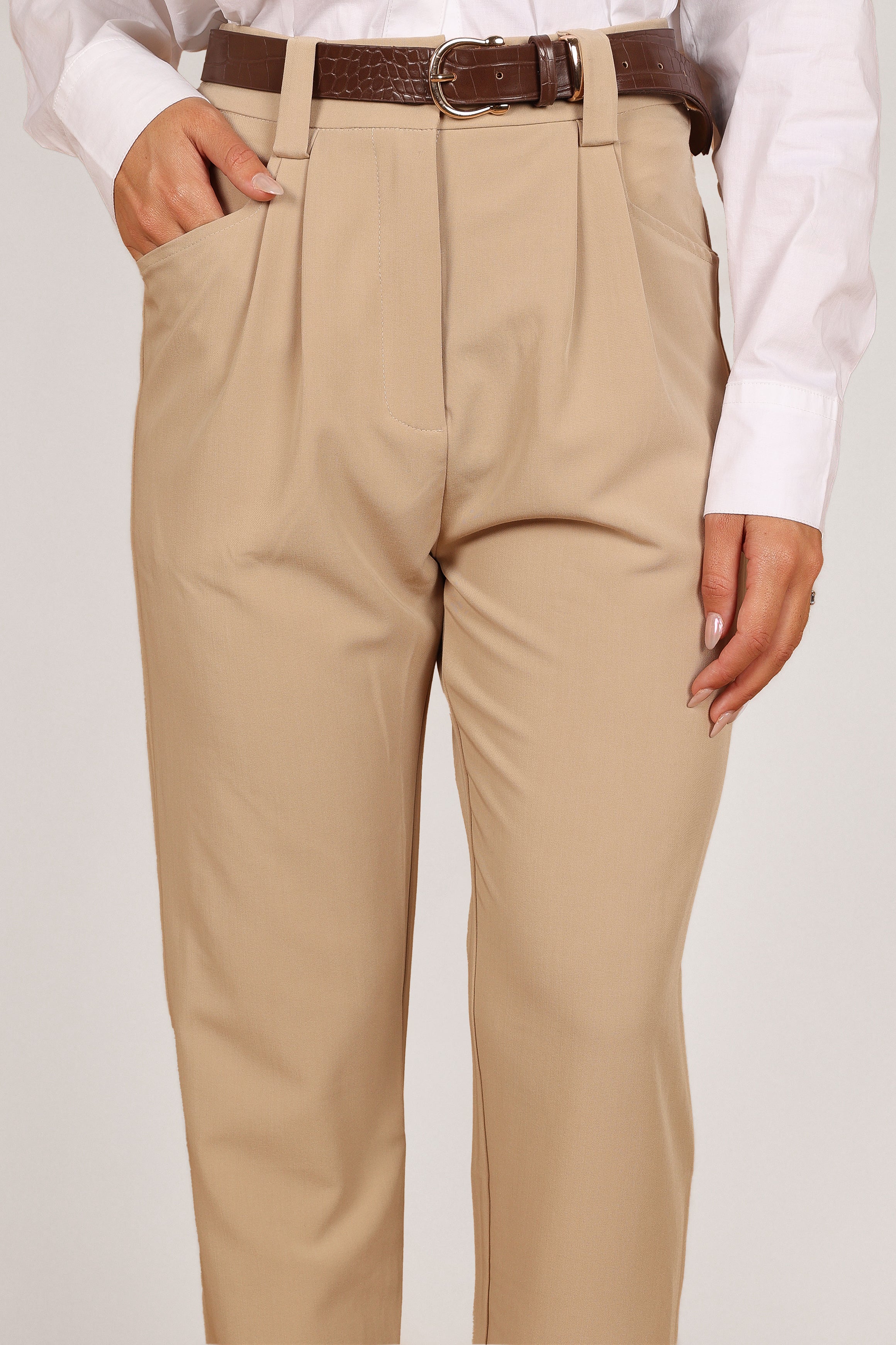 Lexie High Waisted Beige Pants with Tapered Fit & Rolled Hem