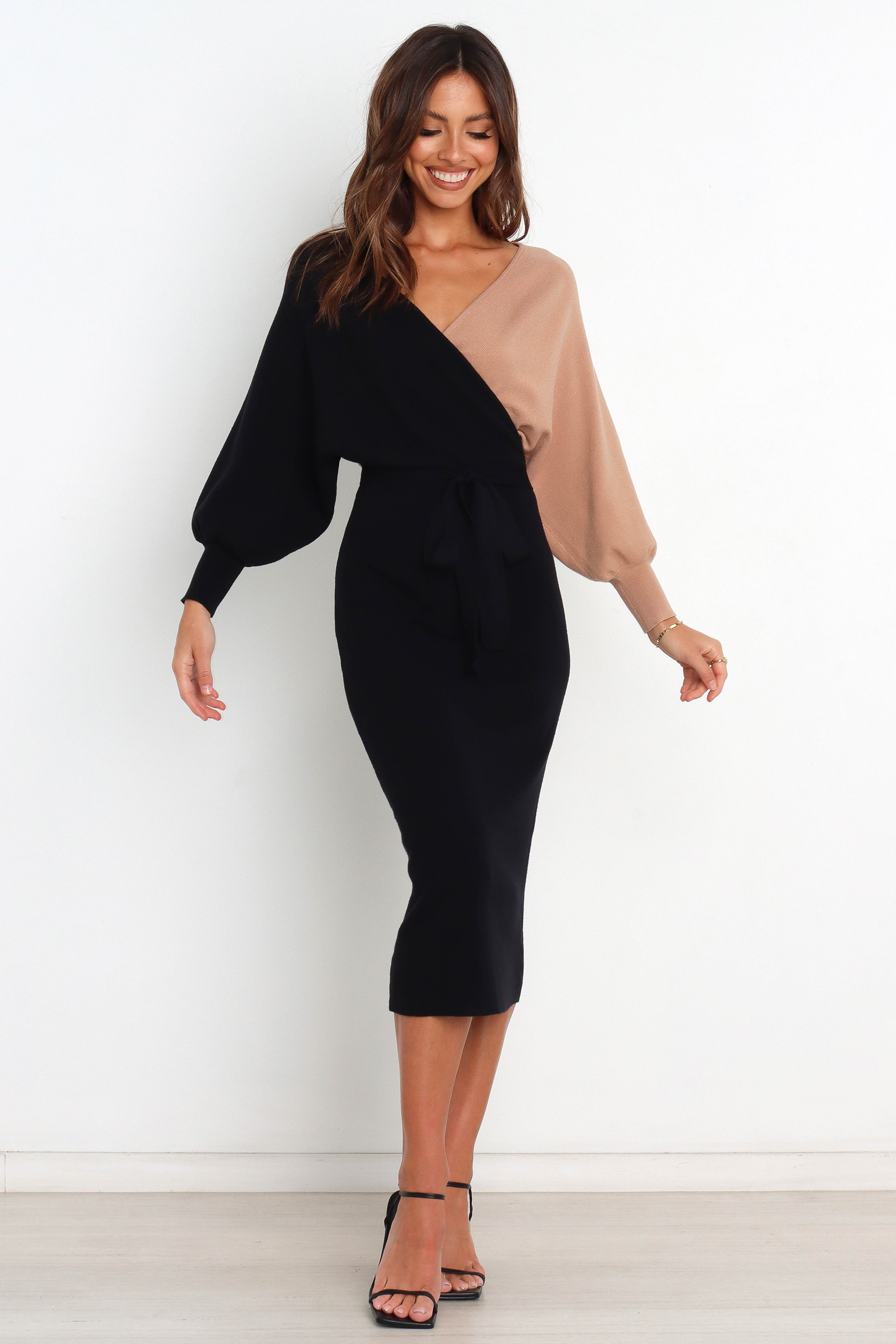 Nate Two-Tone Bodycon Knit Dress - Black & Beige Midi