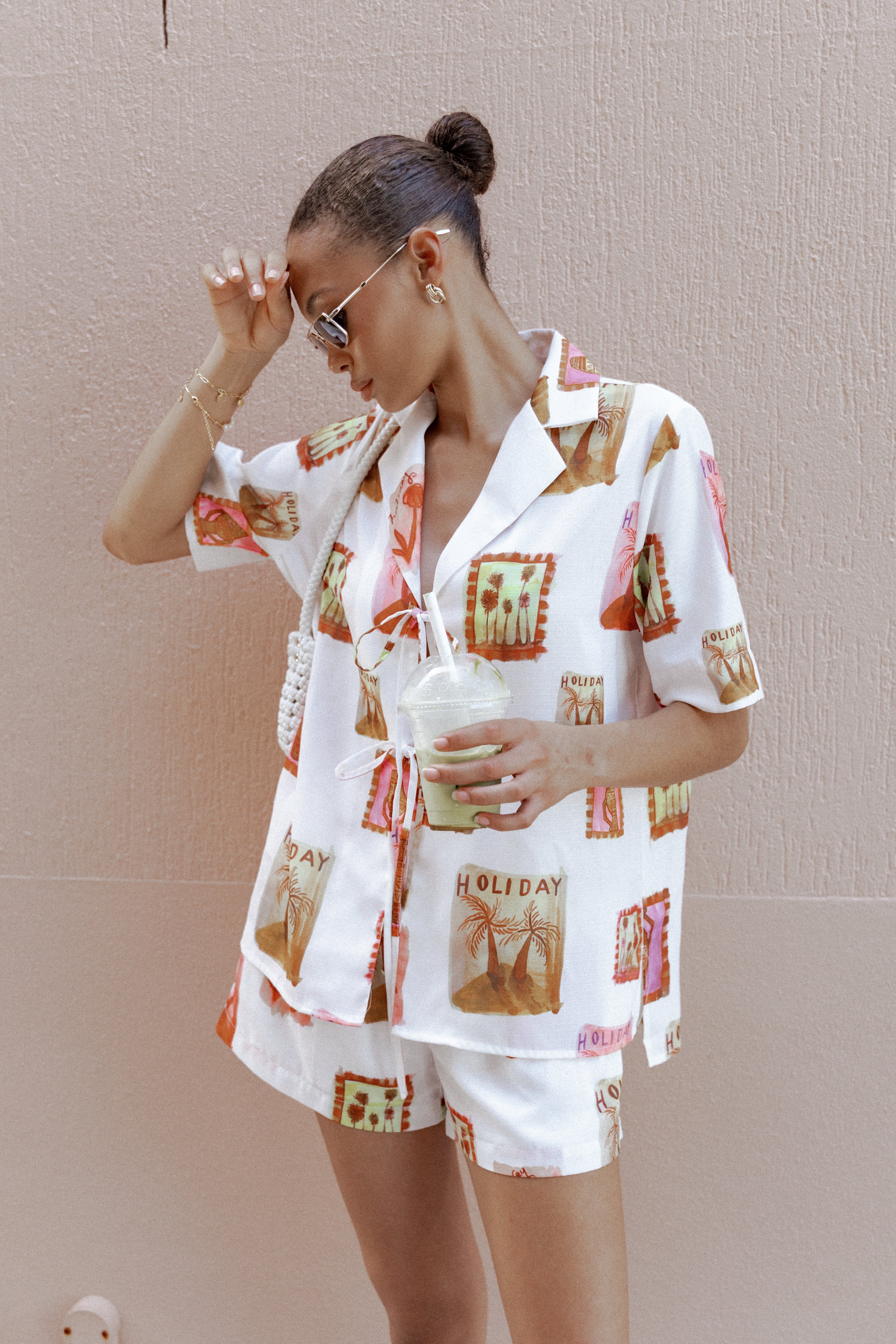 Women's White Abstract Print Tie Front Top - Short Sleeve Relaxed Fit