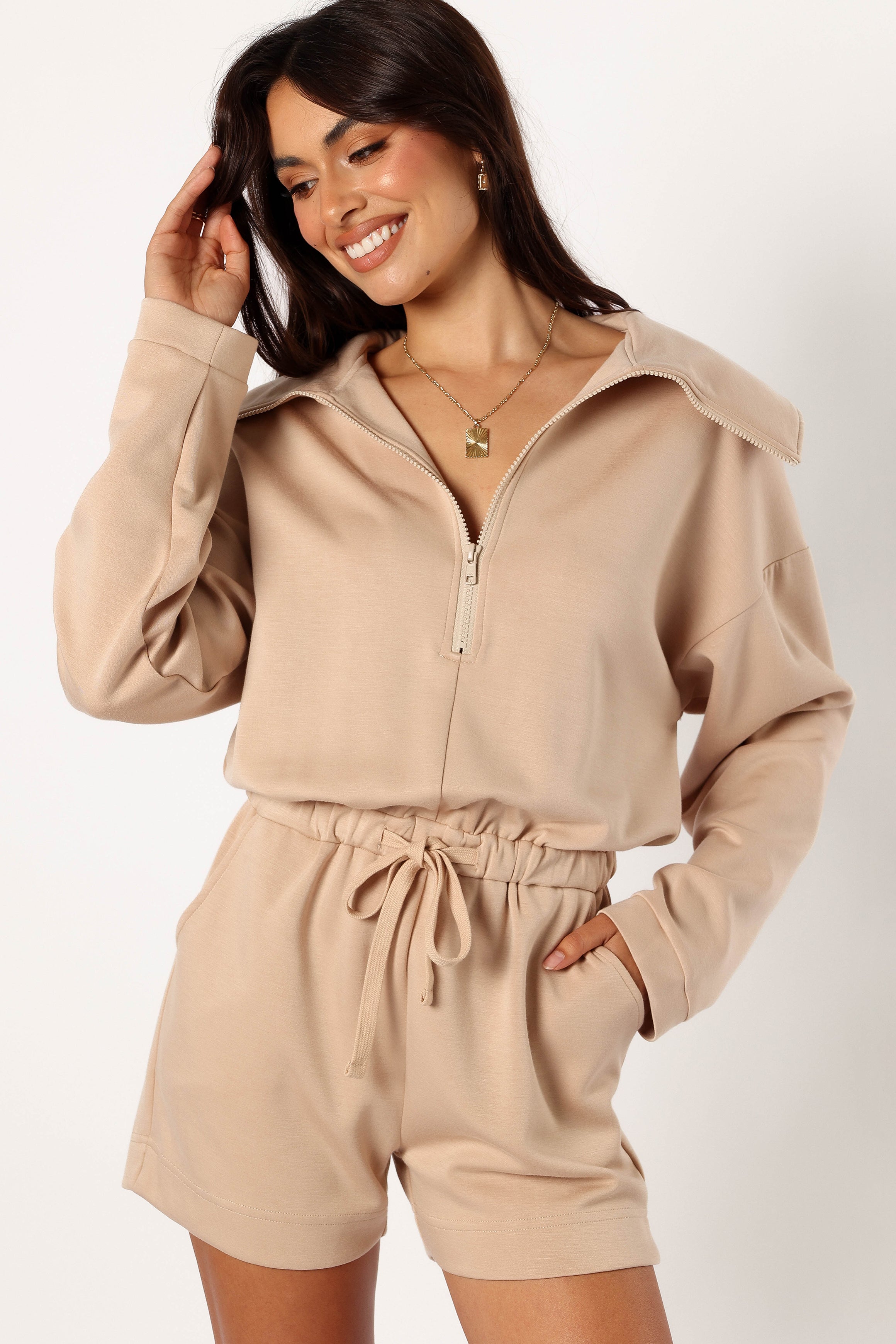 Women's Tan Sweater Romper with Zip Front & Pockets