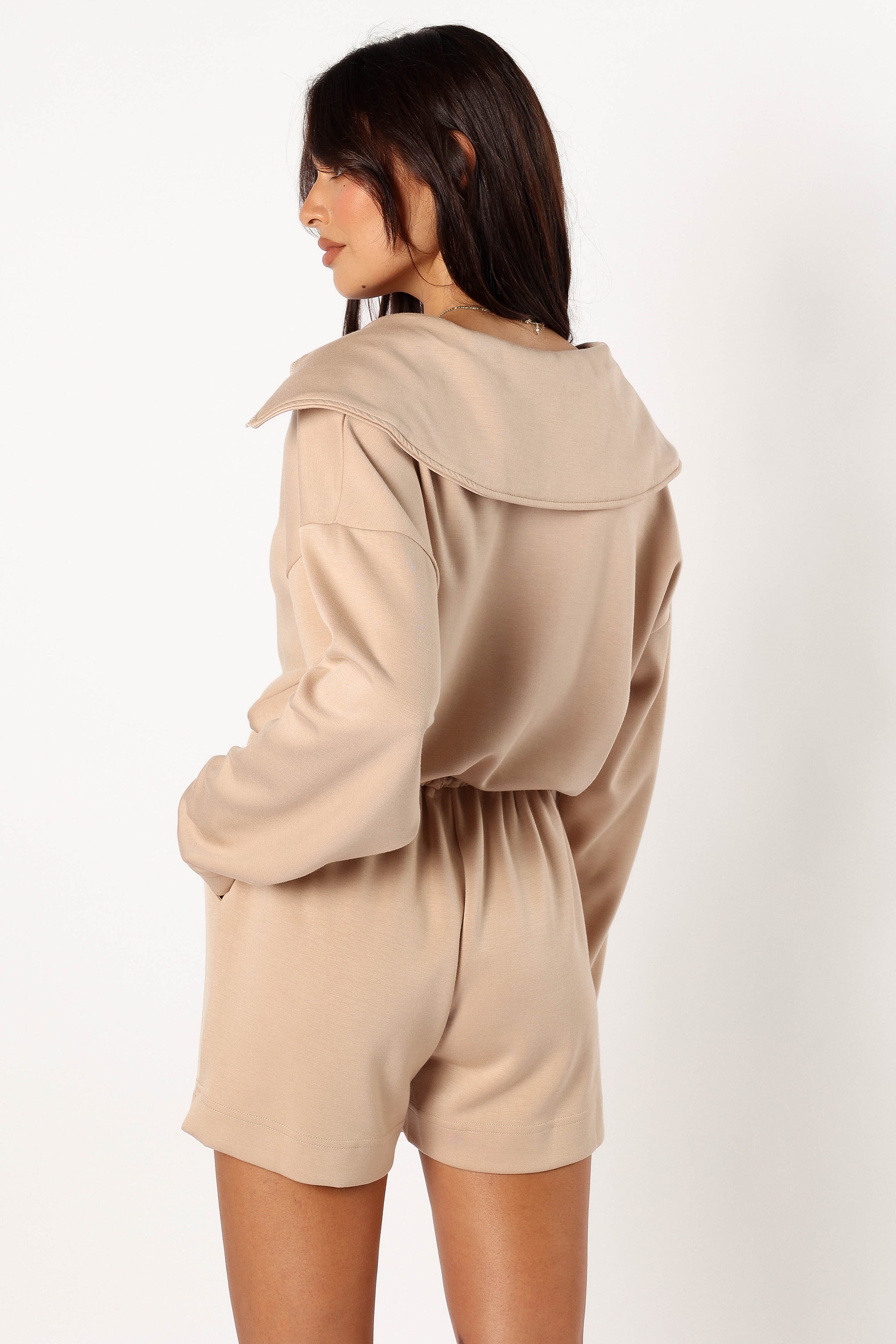 Women's Tan Sweater Romper with Zip Front & Pockets