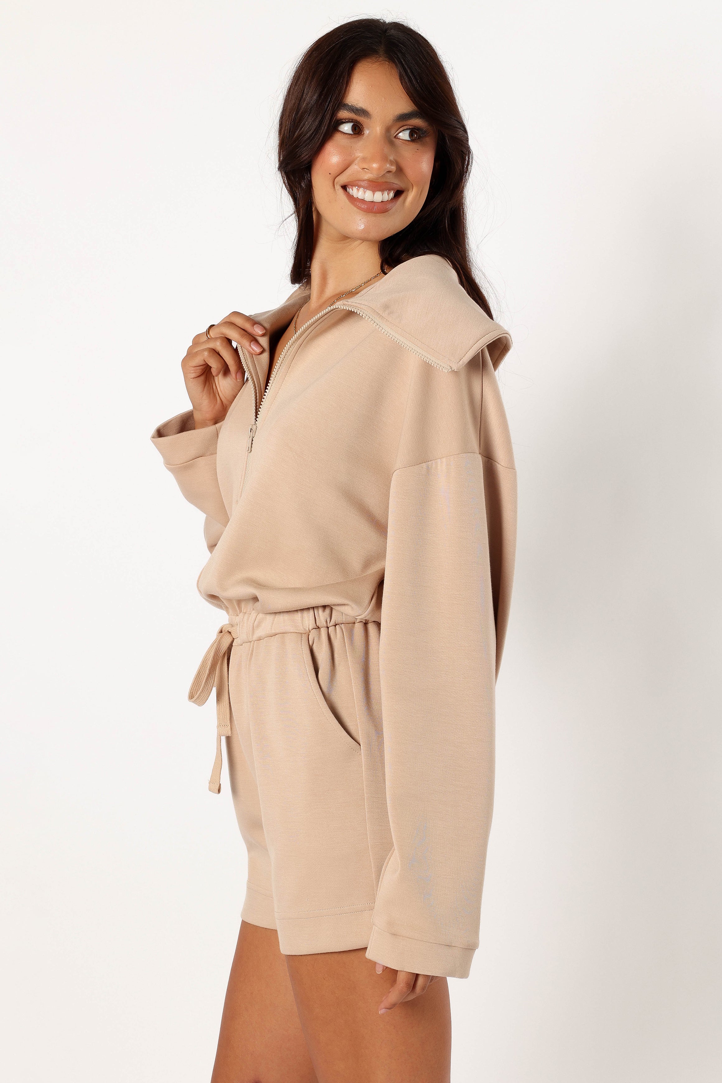Women's Tan Sweater Romper with Zip Front & Pockets