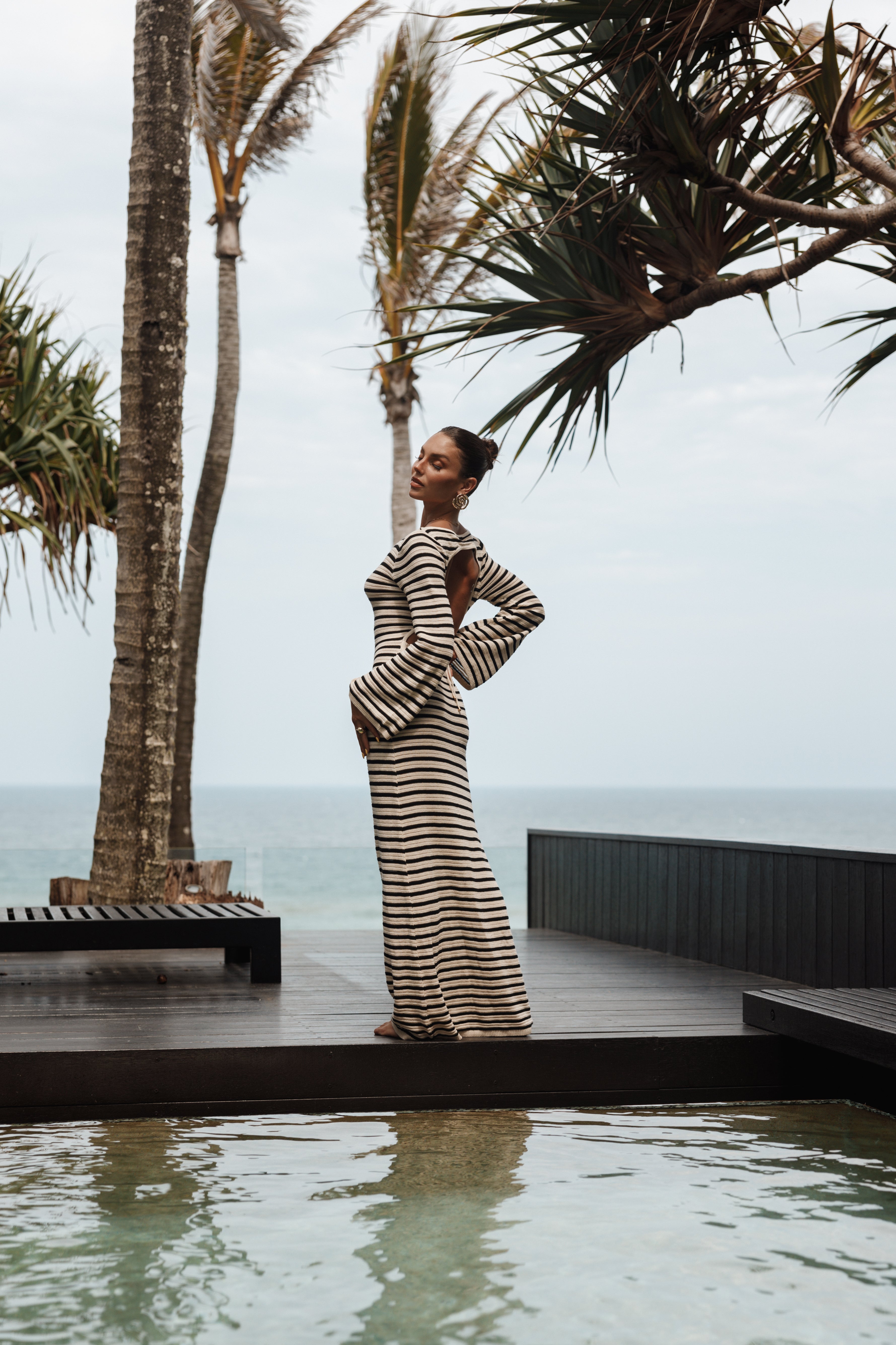 Cherie Cotton Knit Maxi Dress with Open Back & Flare Sleeves