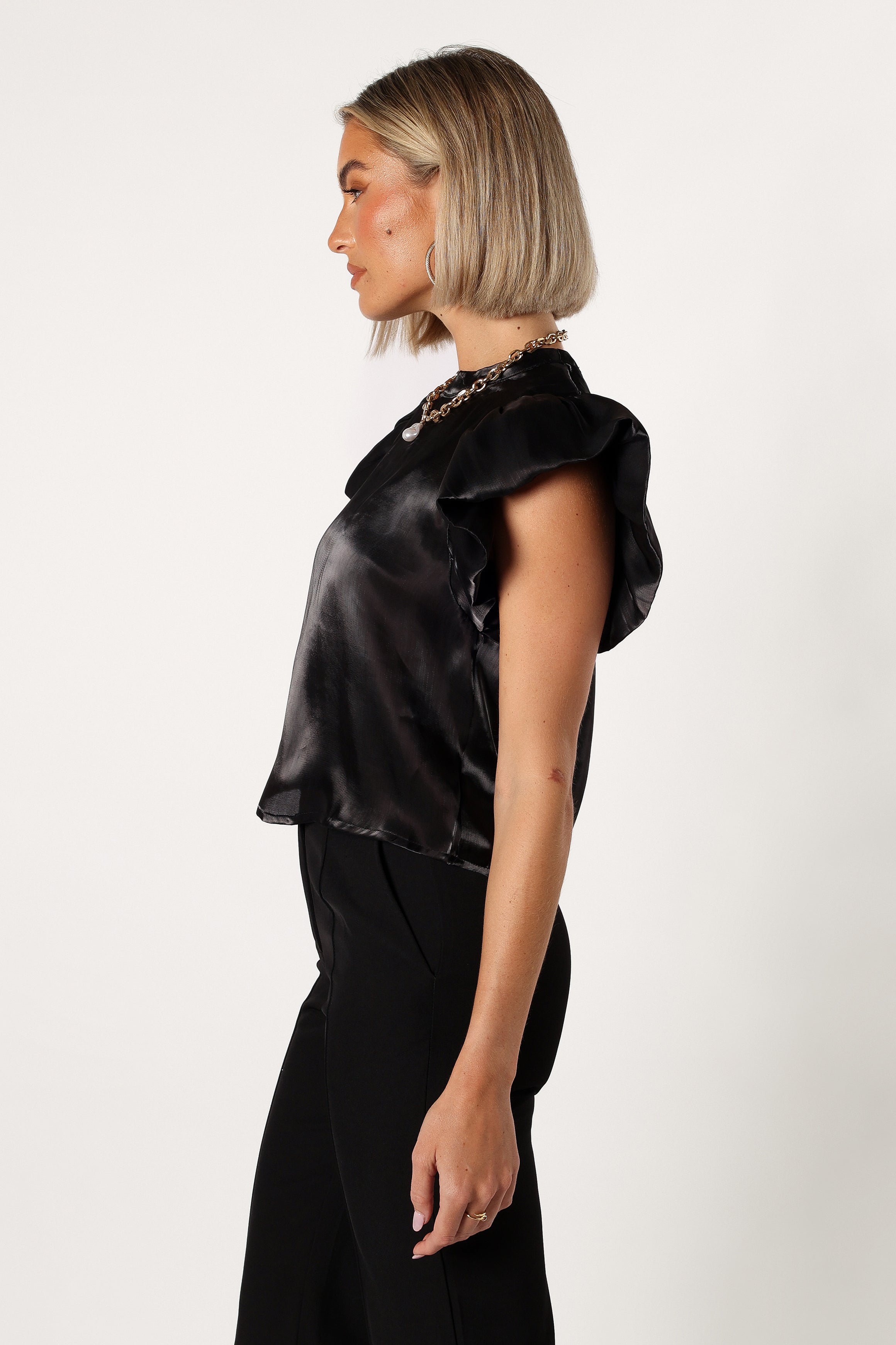 Marianna Black Ruffle Sleeve Top - High Neck Feminine Blouse