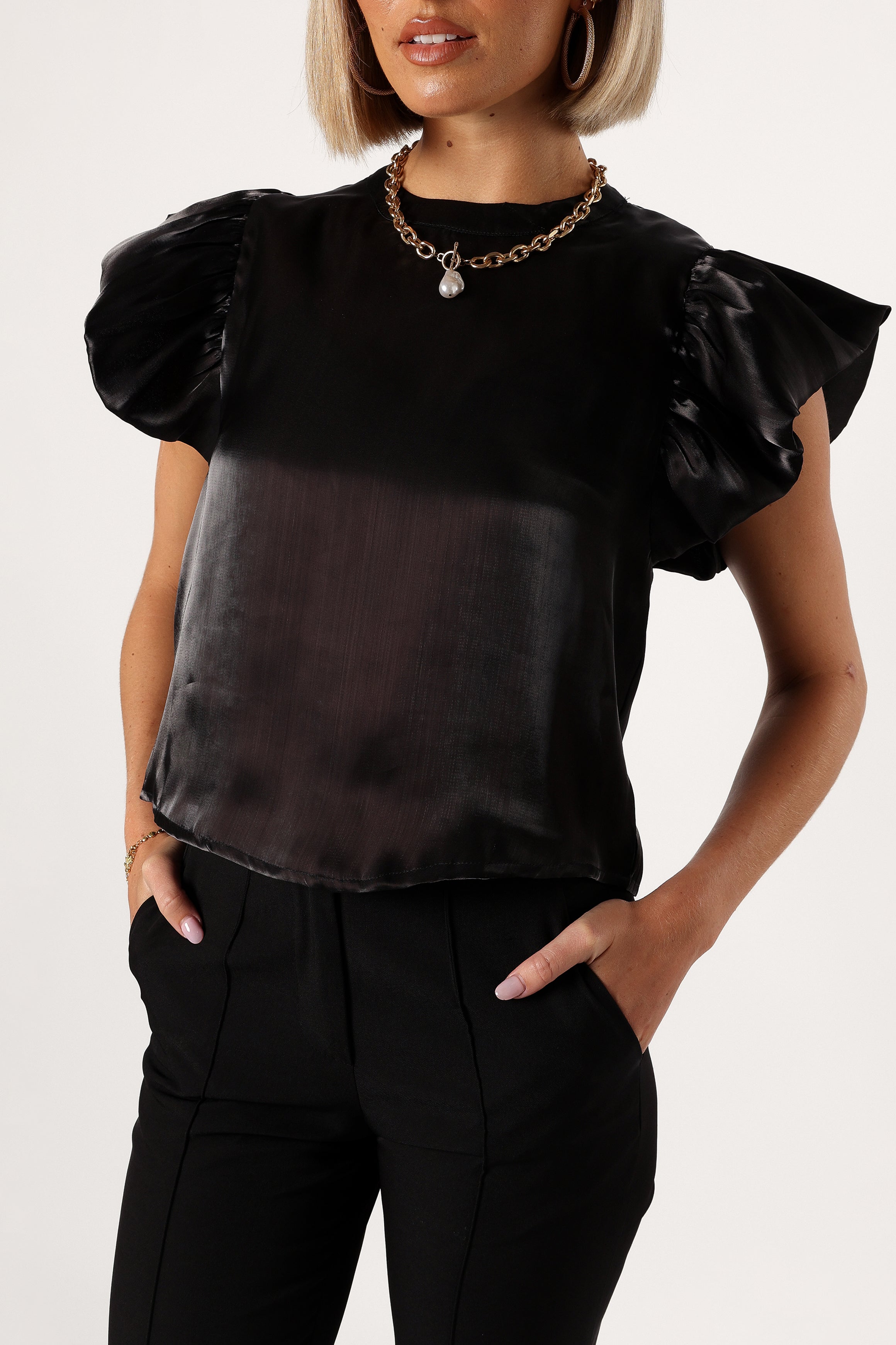 Marianna Black Ruffle Sleeve Top - High Neck Feminine Blouse