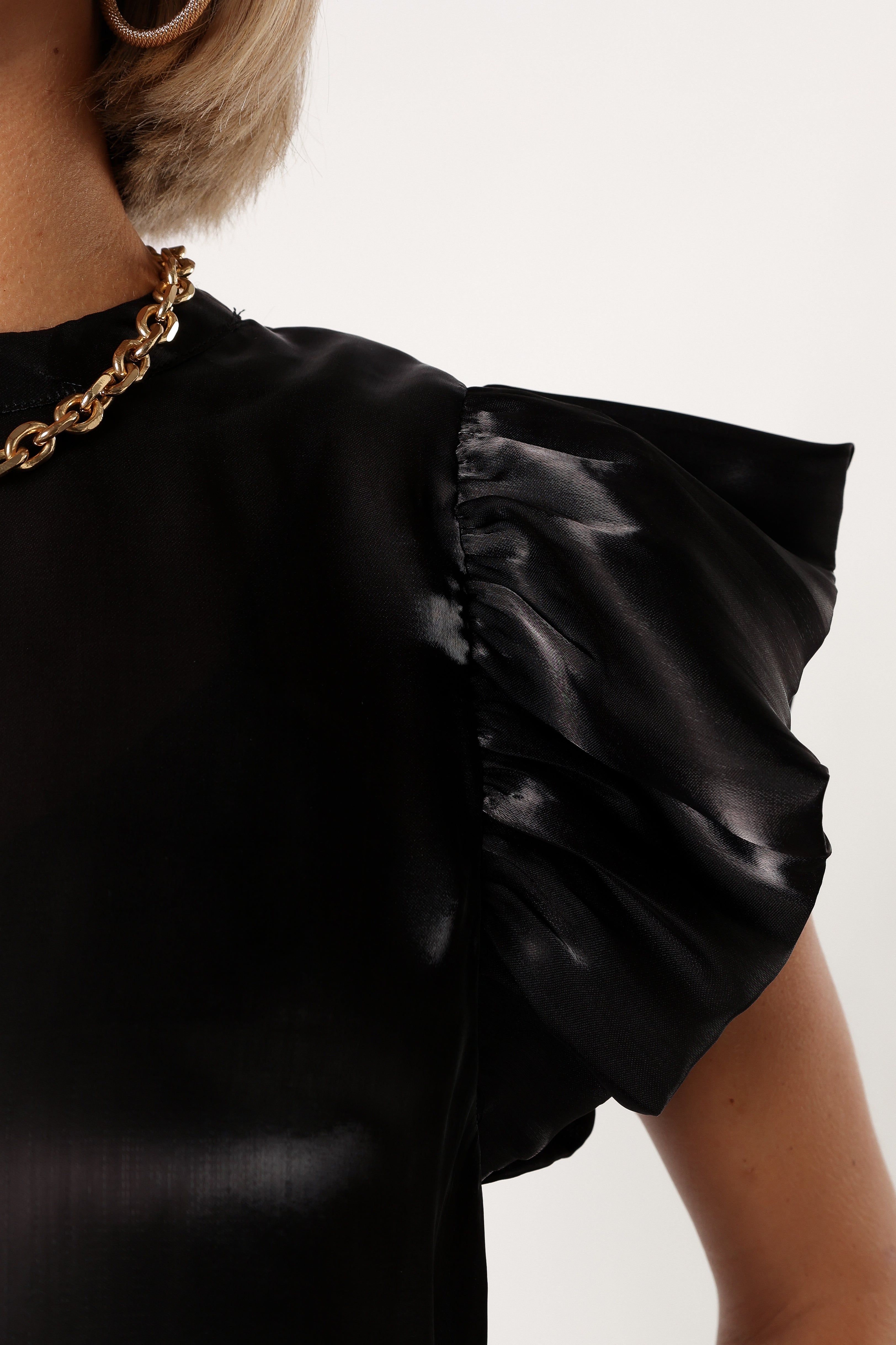 Marianna Black Ruffle Sleeve Top - High Neck Feminine Blouse