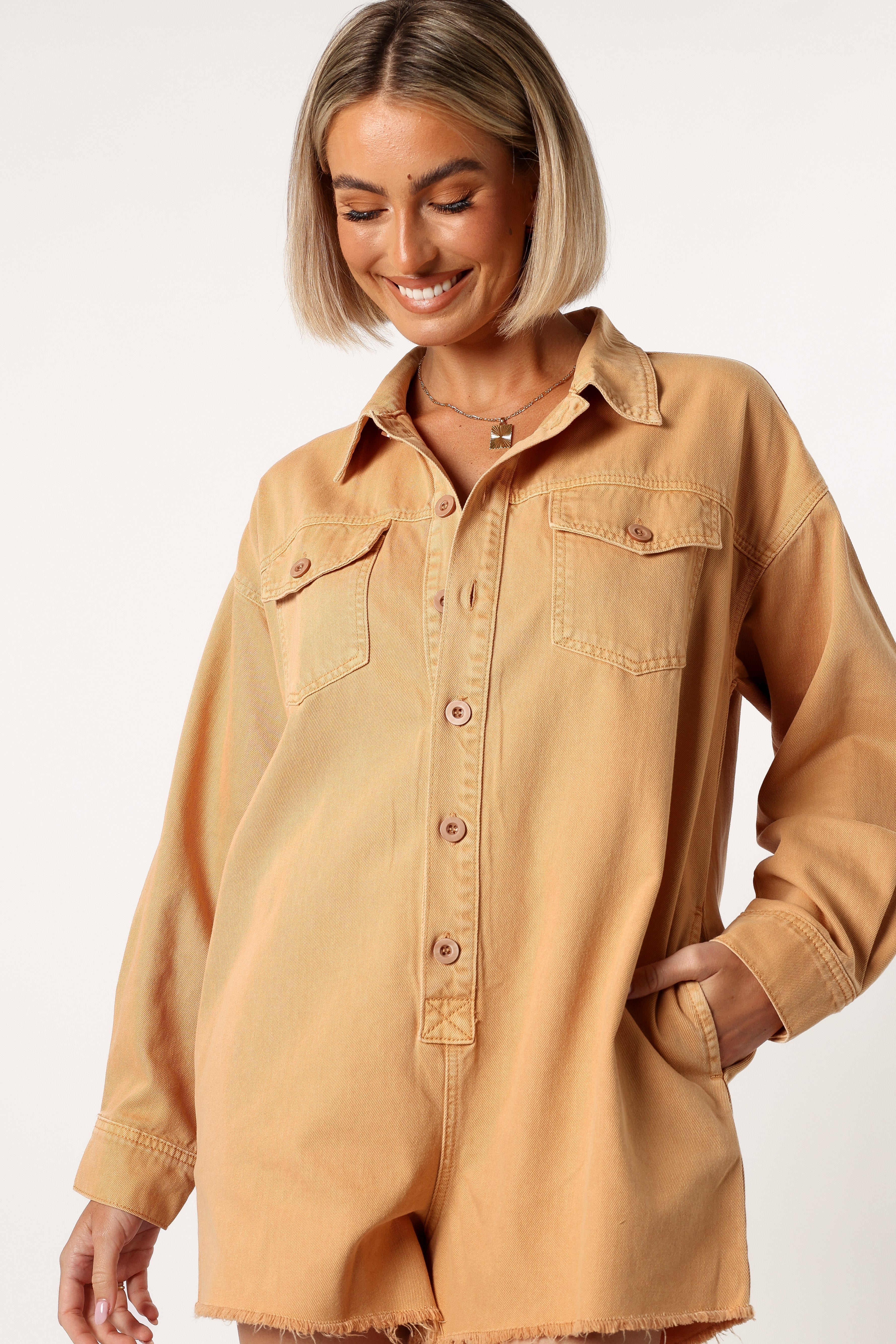 Pollyanna Denim Romper for Women - Relaxed Fit Tan Jumpsuit