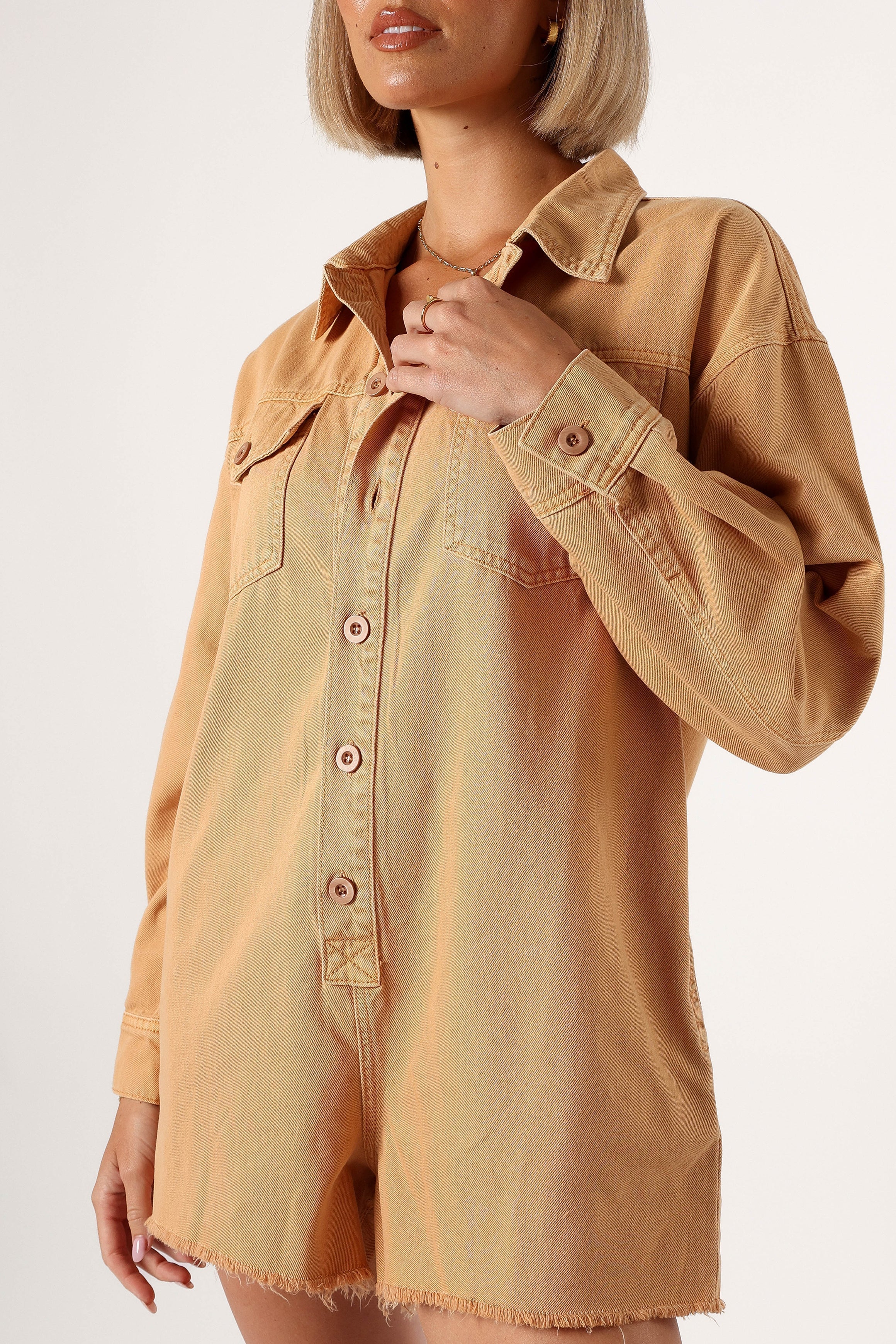 Pollyanna Denim Romper for Women - Relaxed Fit Tan Jumpsuit