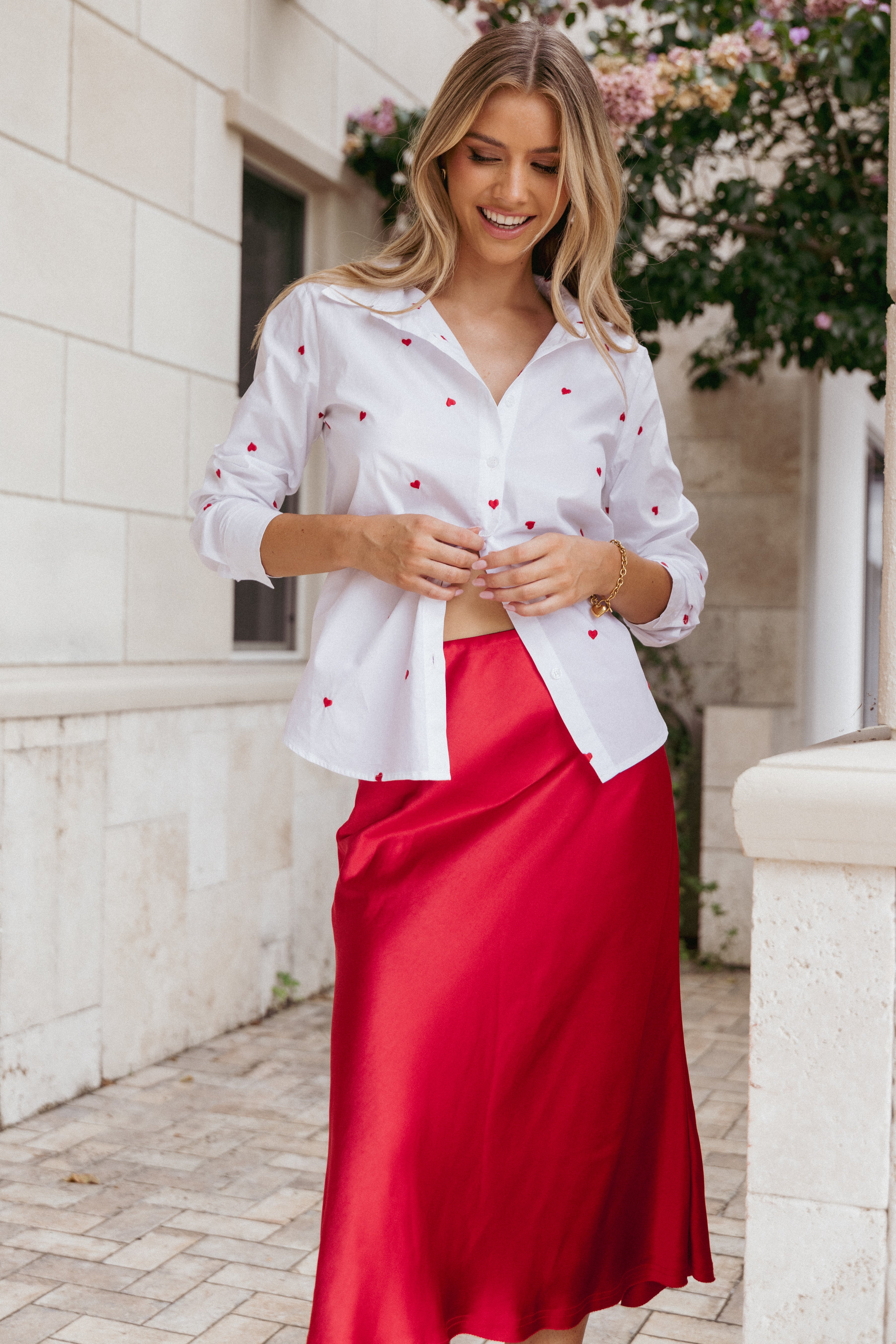 Cyra Heart Button-Down Shirt - White & Red Cotton Top