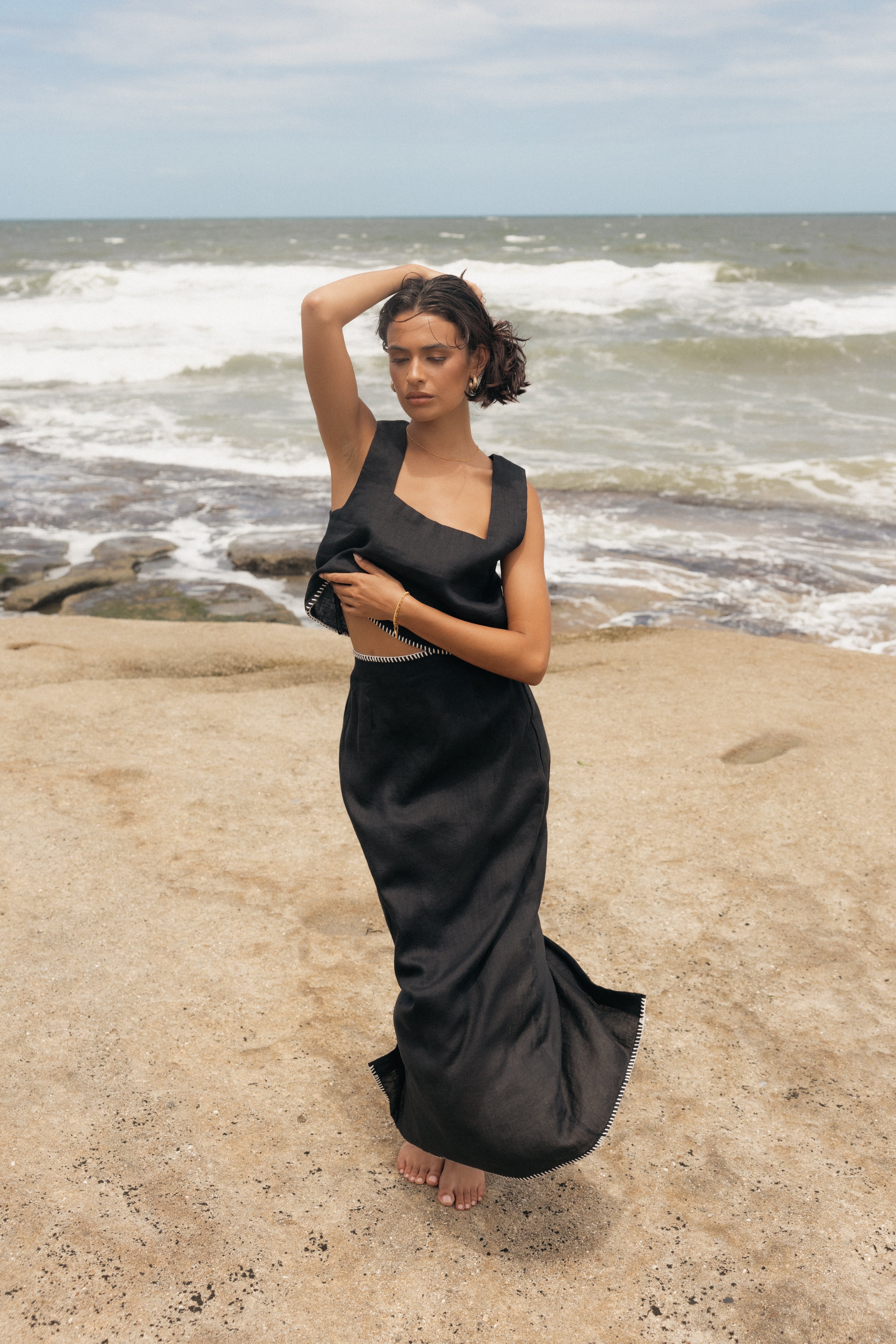 Black Linen Midi Skirt with Elastic Waist & Back Split - Odette