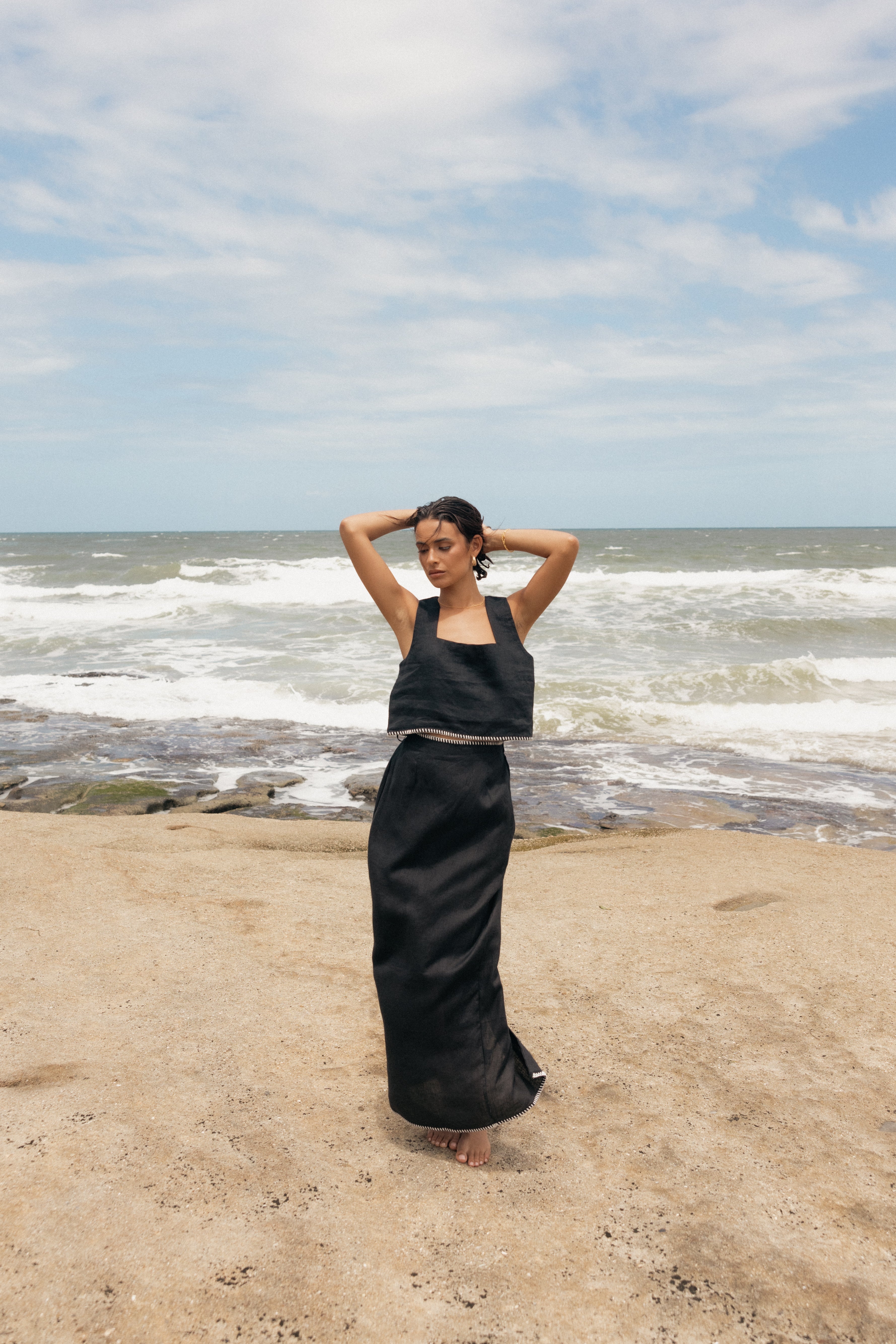 Black Linen Midi Skirt with Elastic Waist & Back Split - Odette