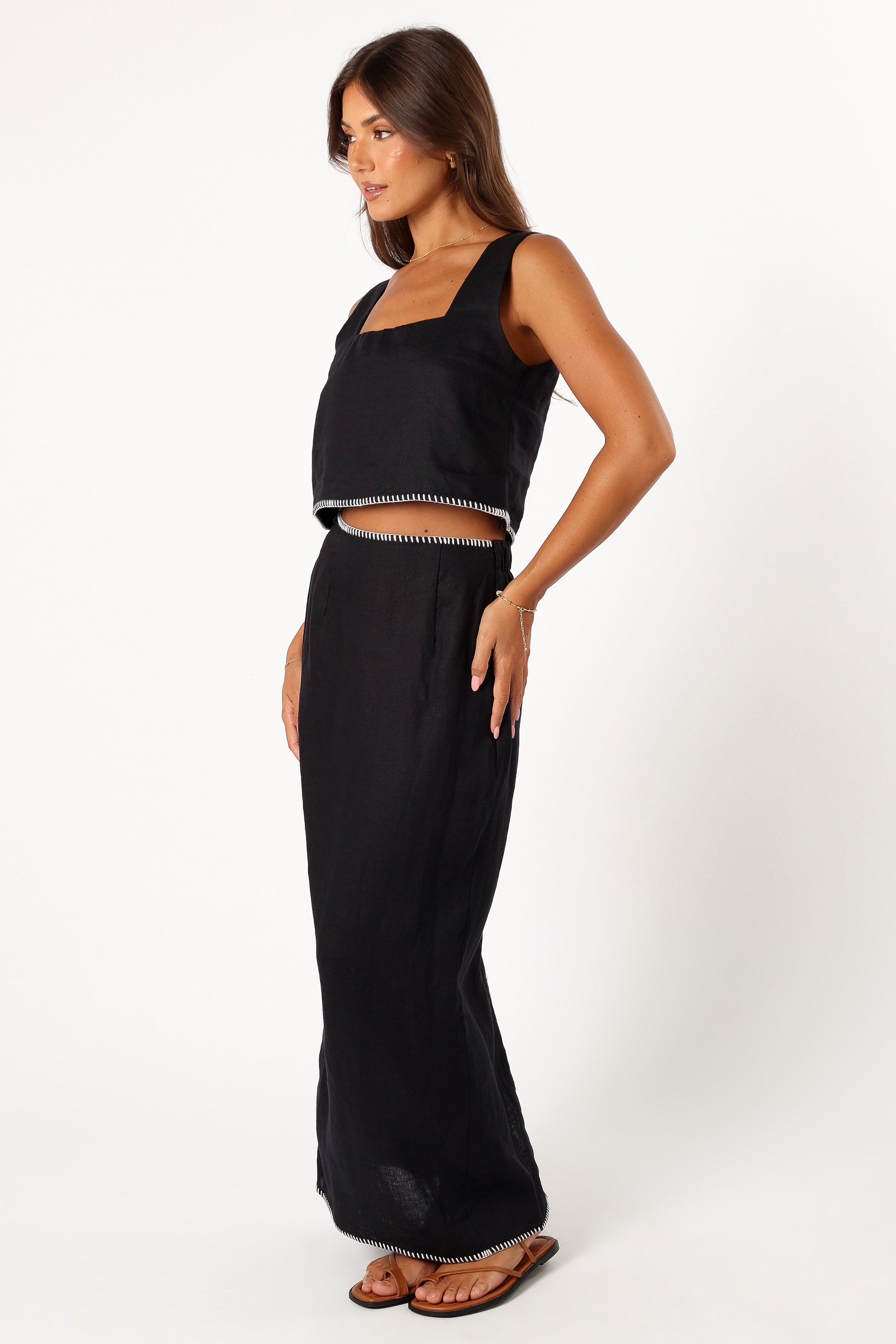 Black Linen Midi Skirt with Elastic Waist & Back Split - Odette