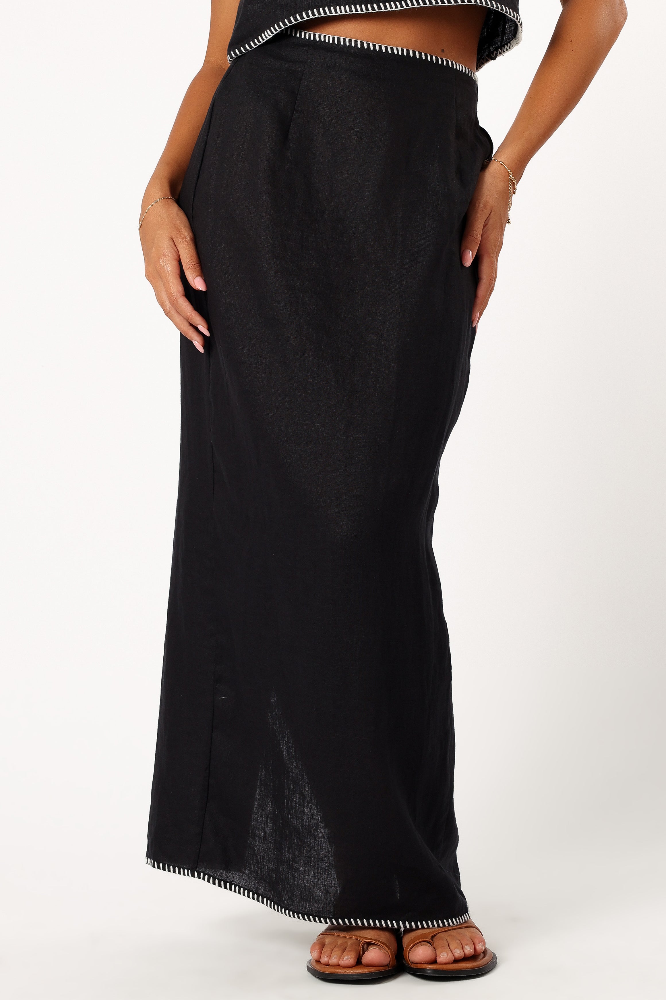 Black Linen Midi Skirt with Elastic Waist & Back Split - Odette