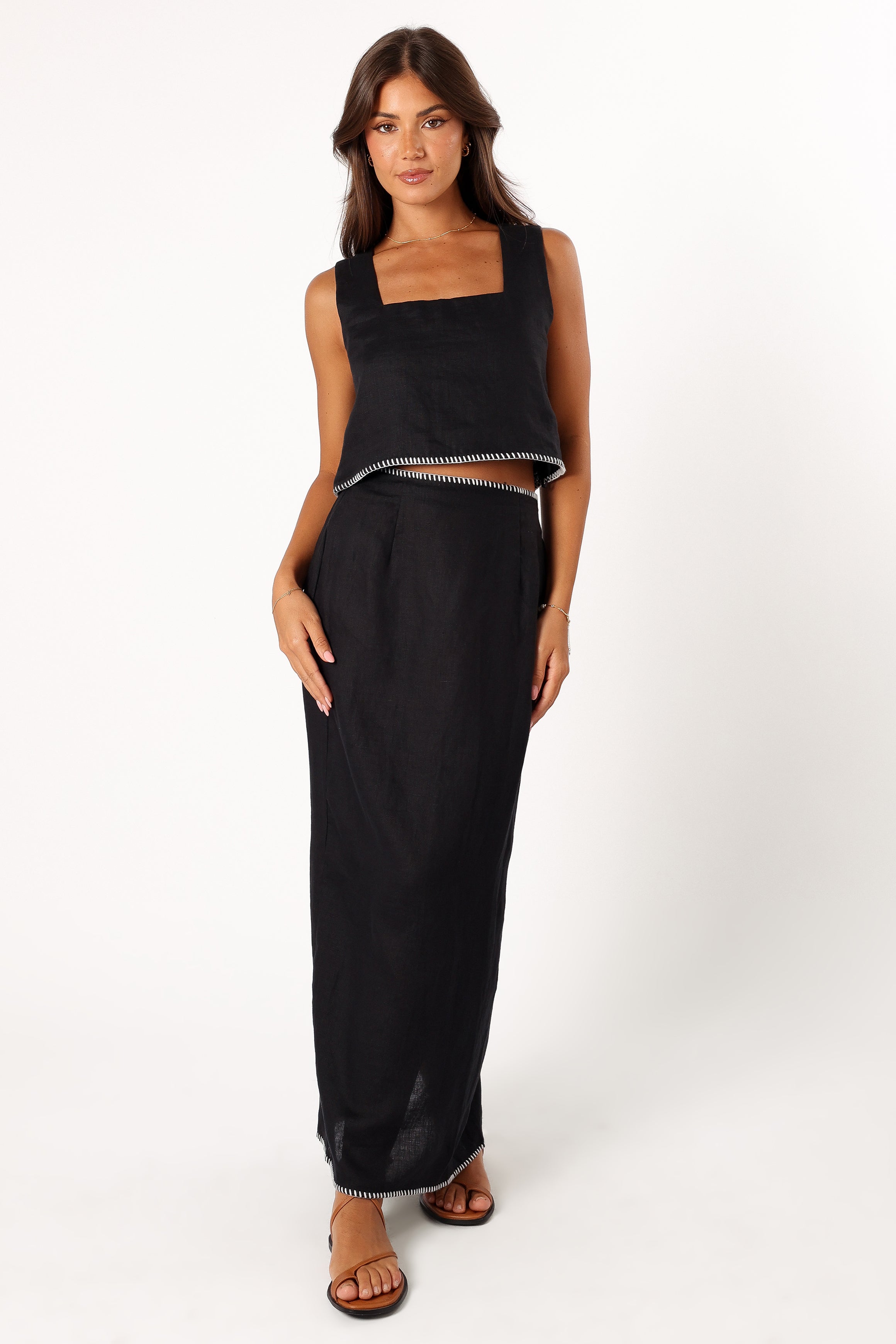 Black Linen Midi Skirt with Elastic Waist & Back Split - Odette