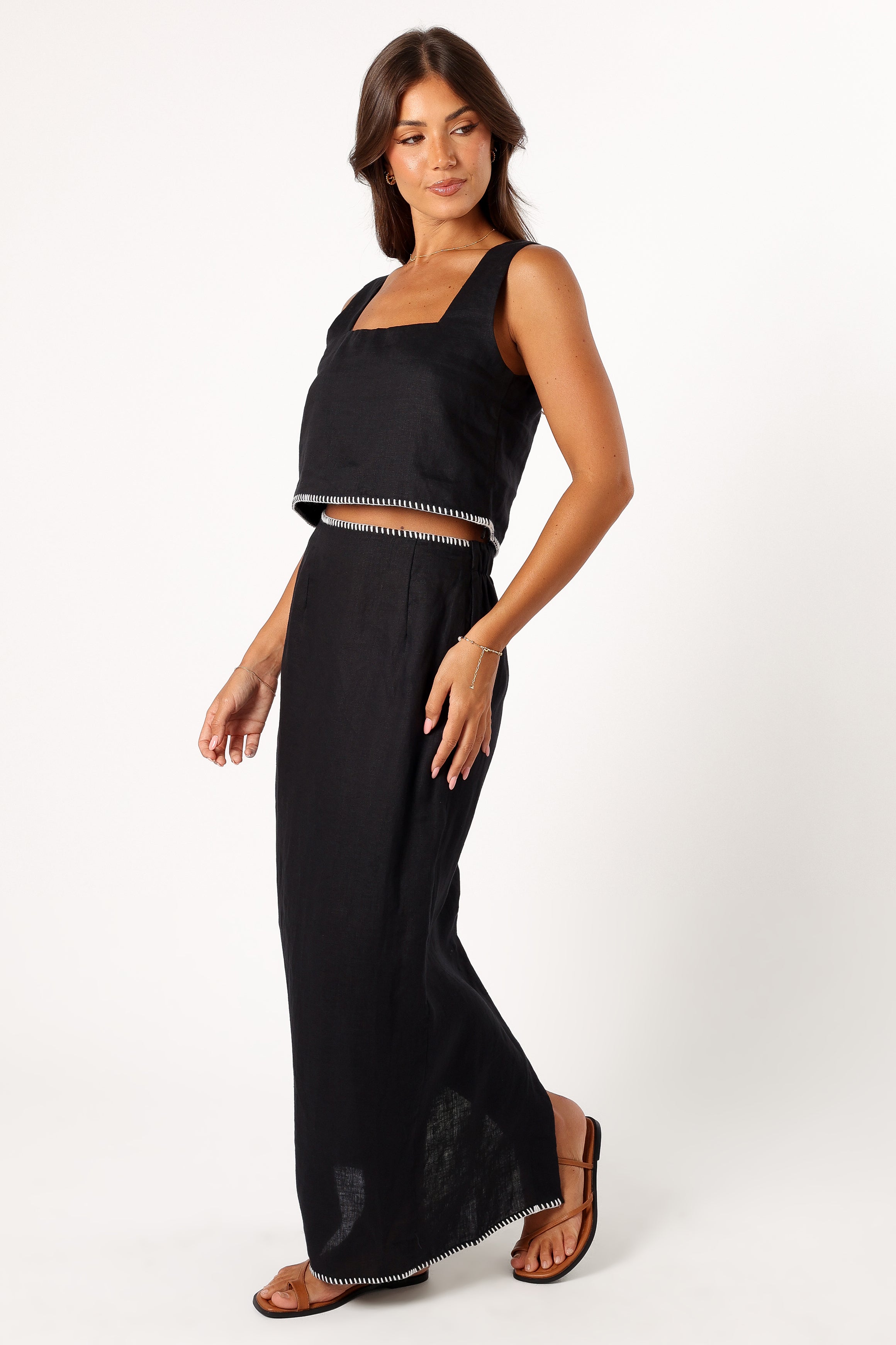 Black Linen Midi Skirt with Elastic Waist & Back Split - Odette