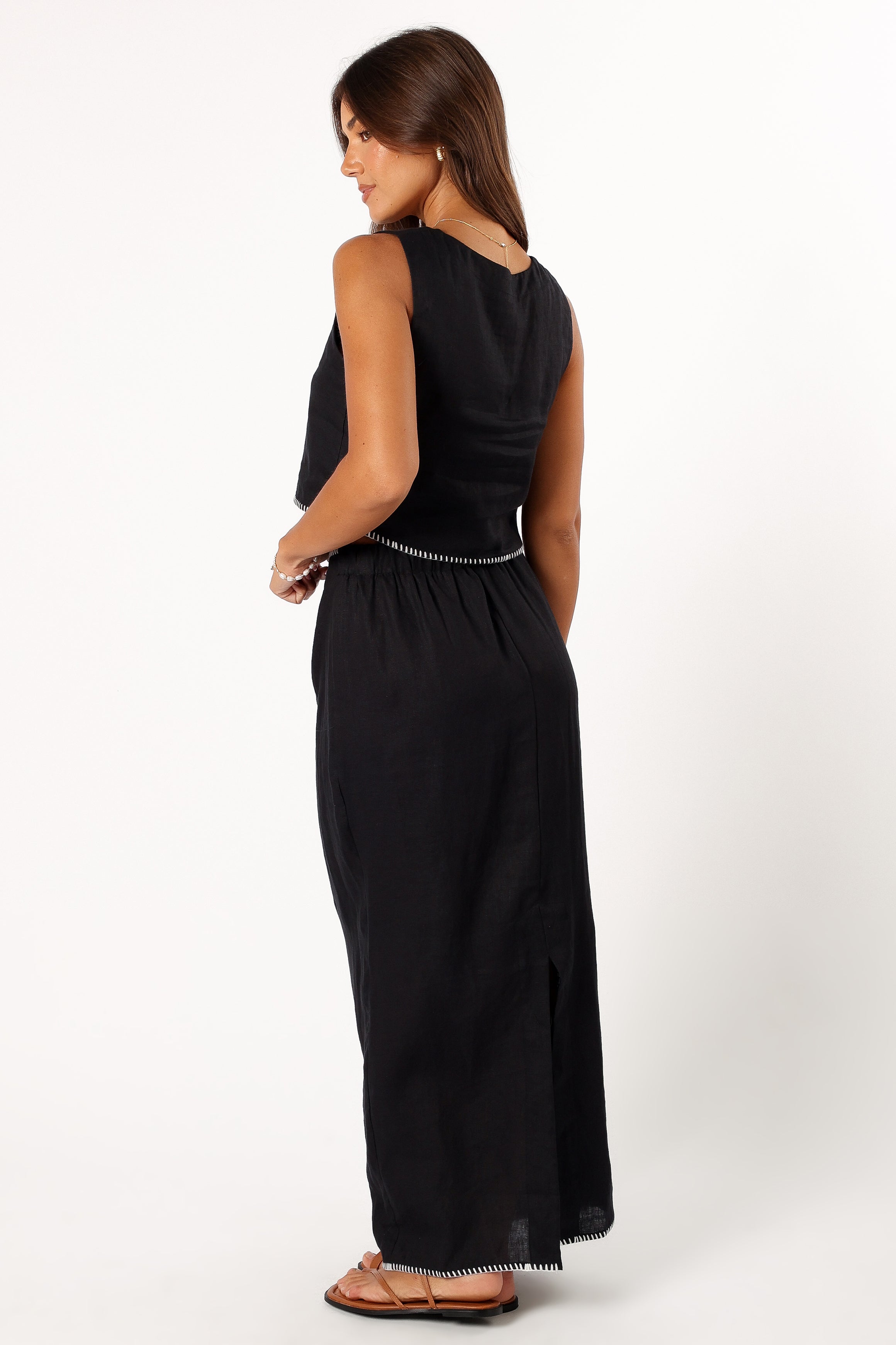 Black Linen Midi Skirt with Elastic Waist & Back Split - Odette