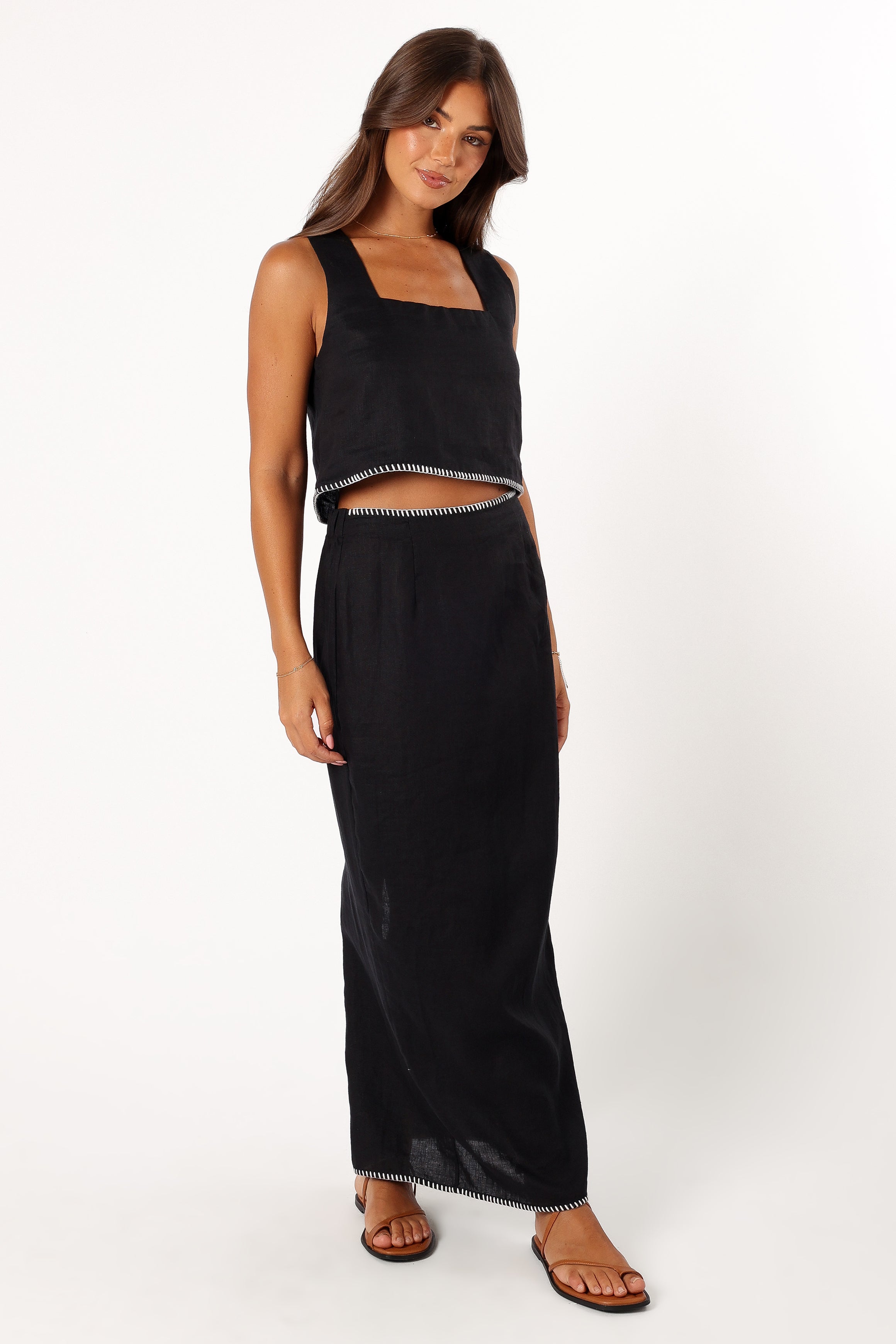 Black Linen Midi Skirt with Elastic Waist & Back Split - Odette