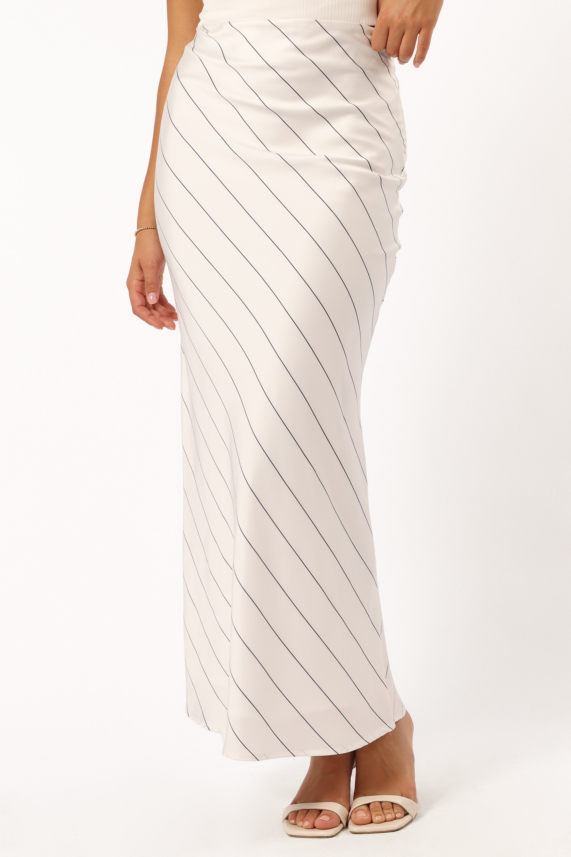 Heidi White & Black Stripe Slip Skirt - Midi Length Satin Skirt