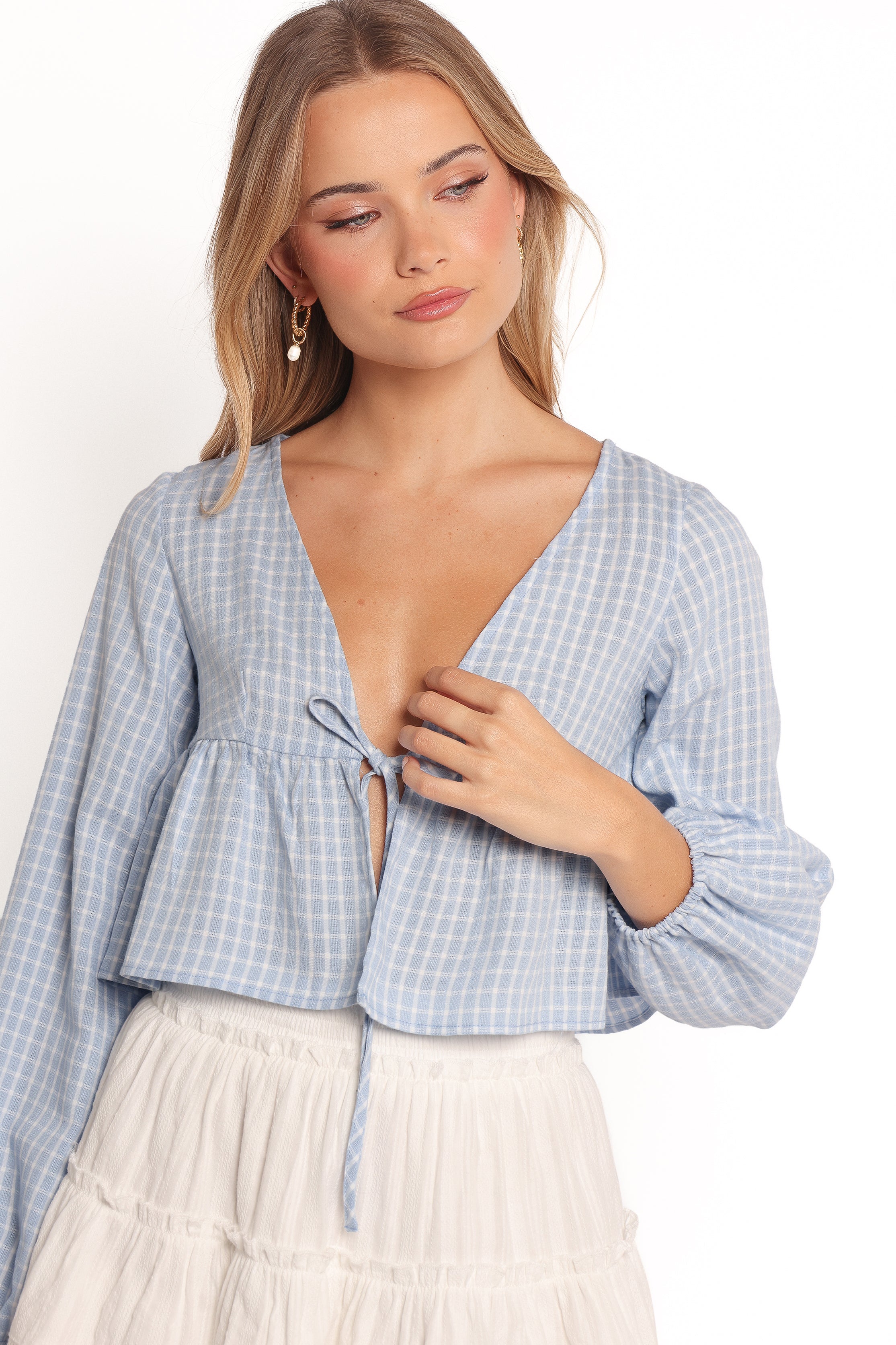 Blue Gingham Peplum Top - Sundara Long Sleeve Cropped Blouse