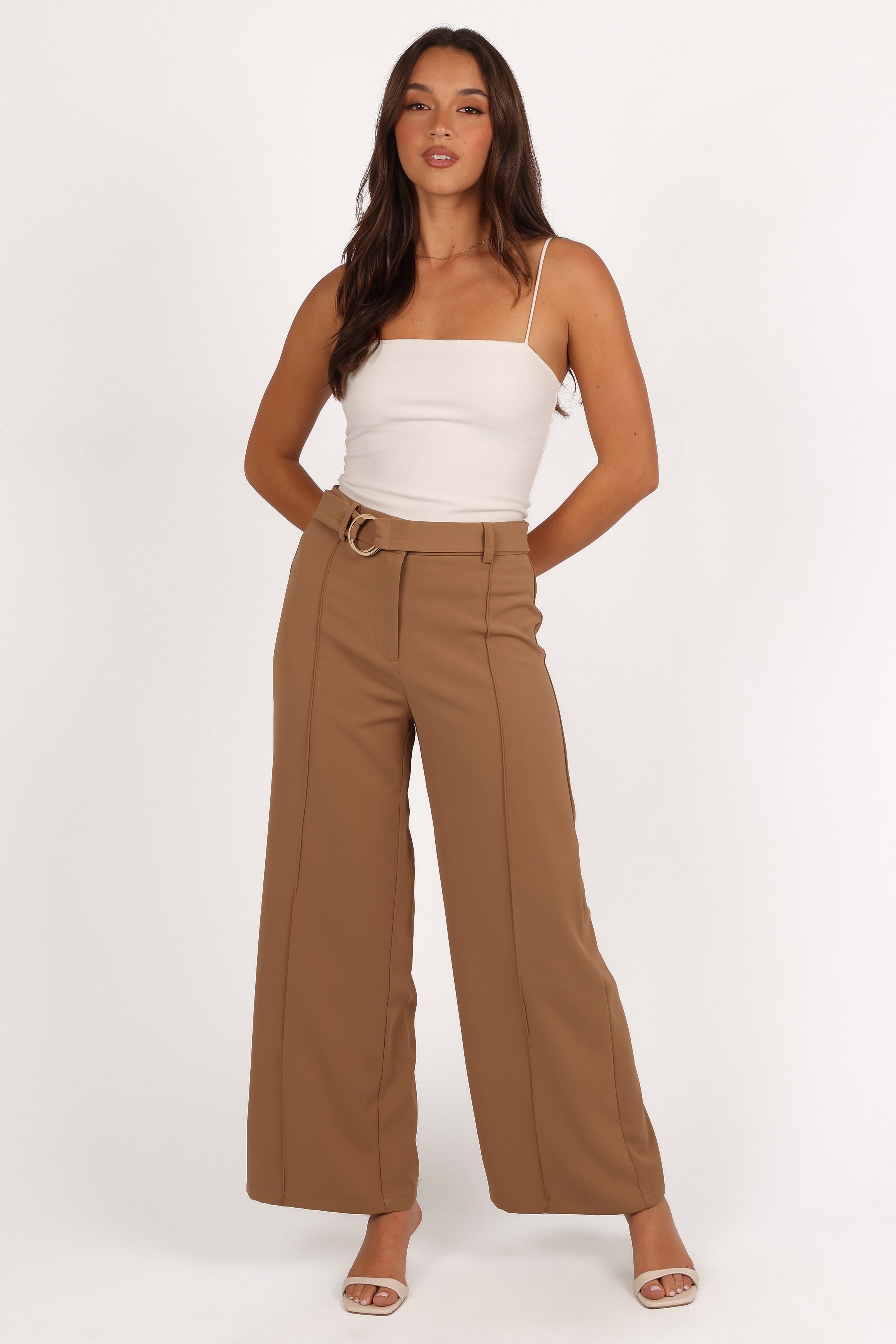 High-Waisted Wide-Leg Pants with Belt - Mocha