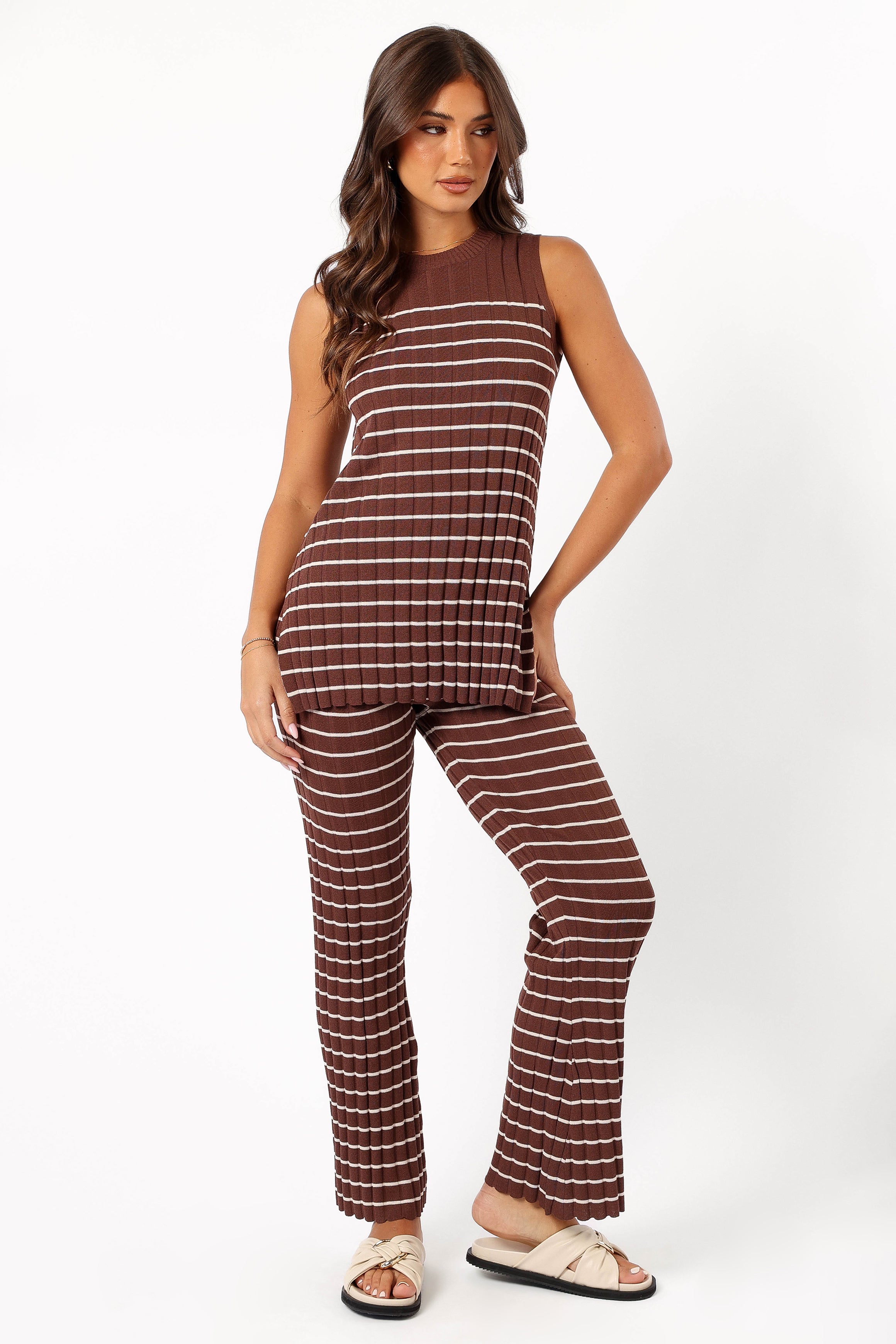 Saralynn Brown Beige Knitted Top & Pant Set - Ribbed Stretch Comfort
