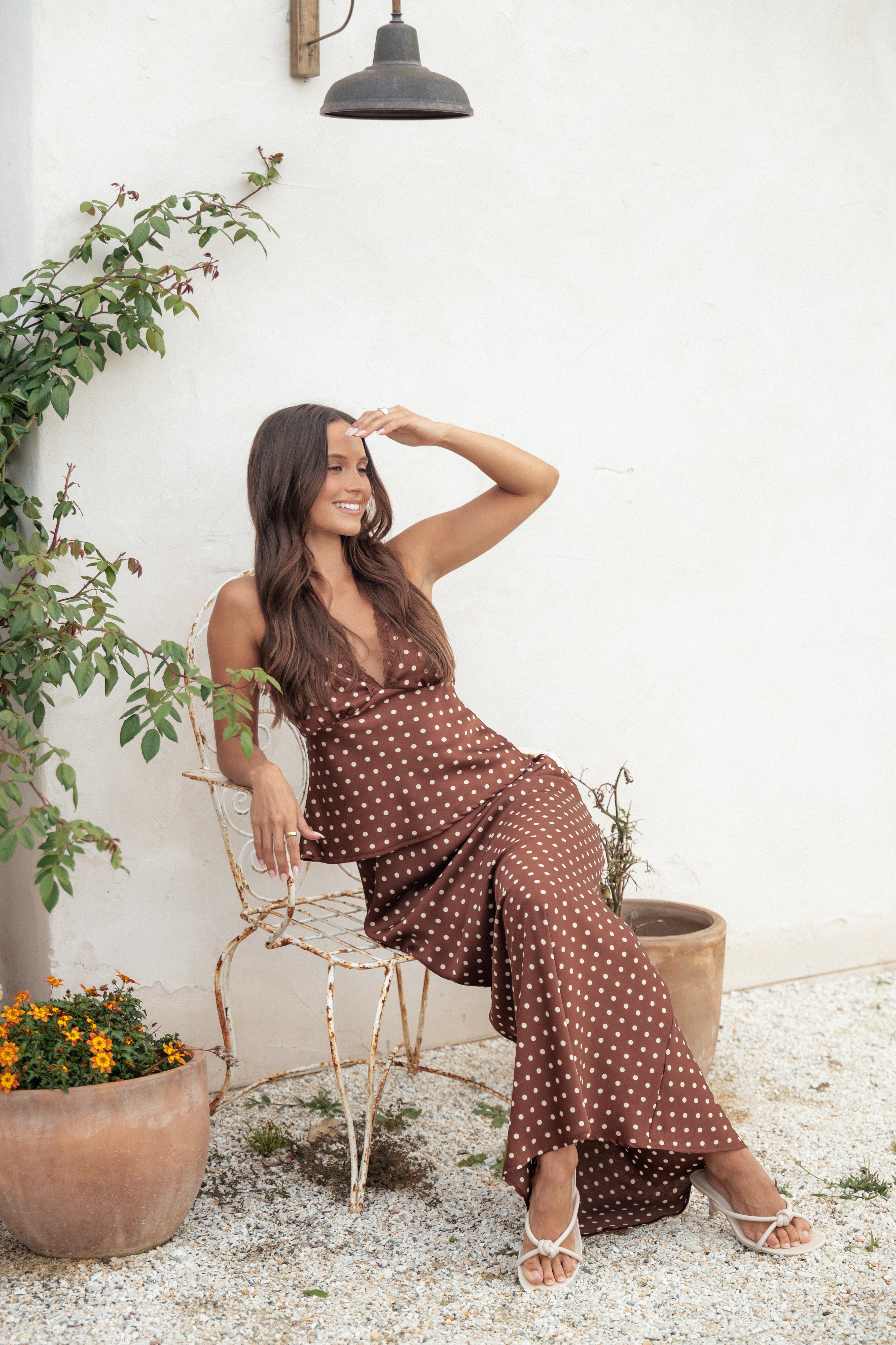 Velman Polka Dot Maxi Skirt - Brown Satin Slip Skirt with Elastic Waist