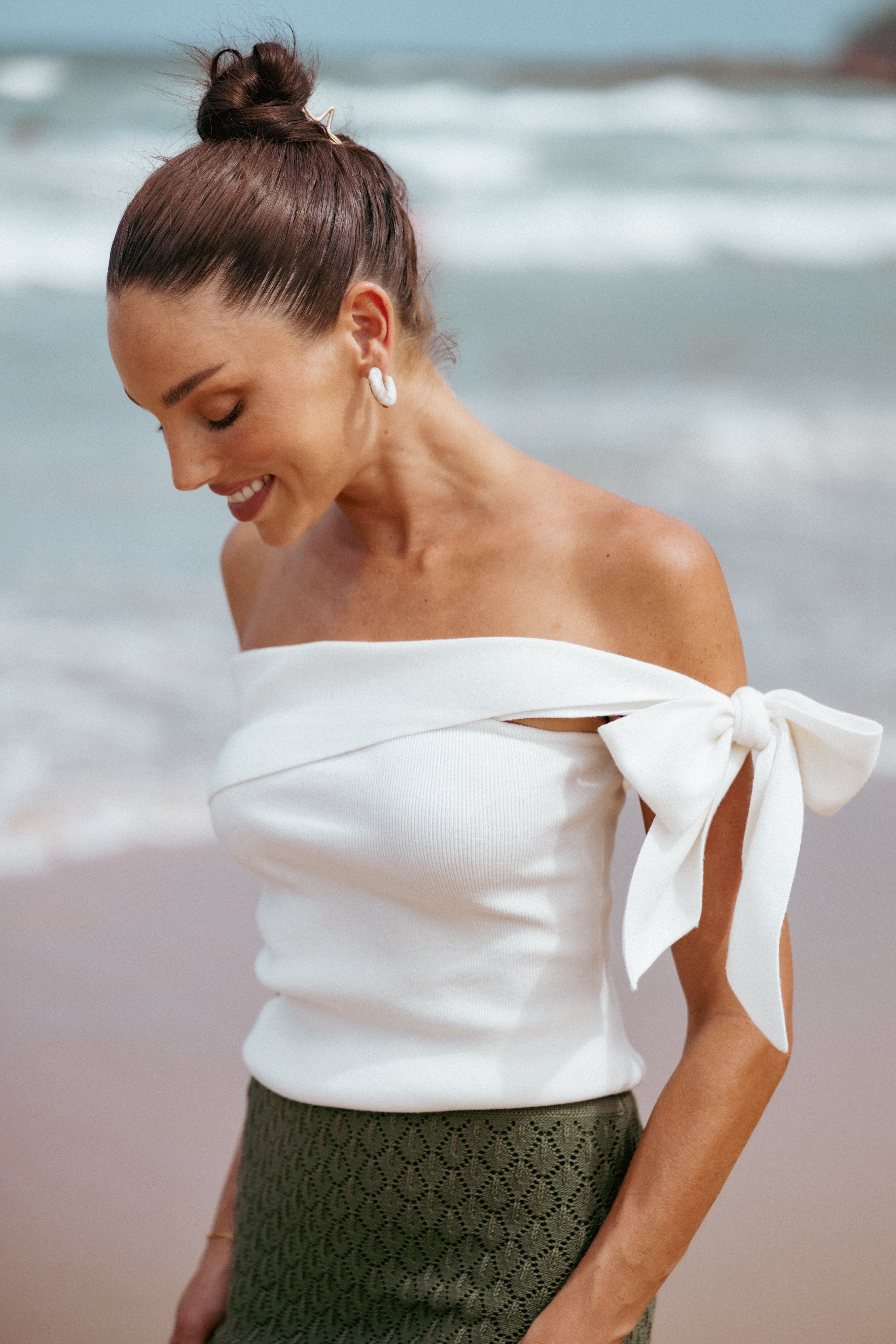 Charama White Off Shoulder Knit Top with Tie Detail