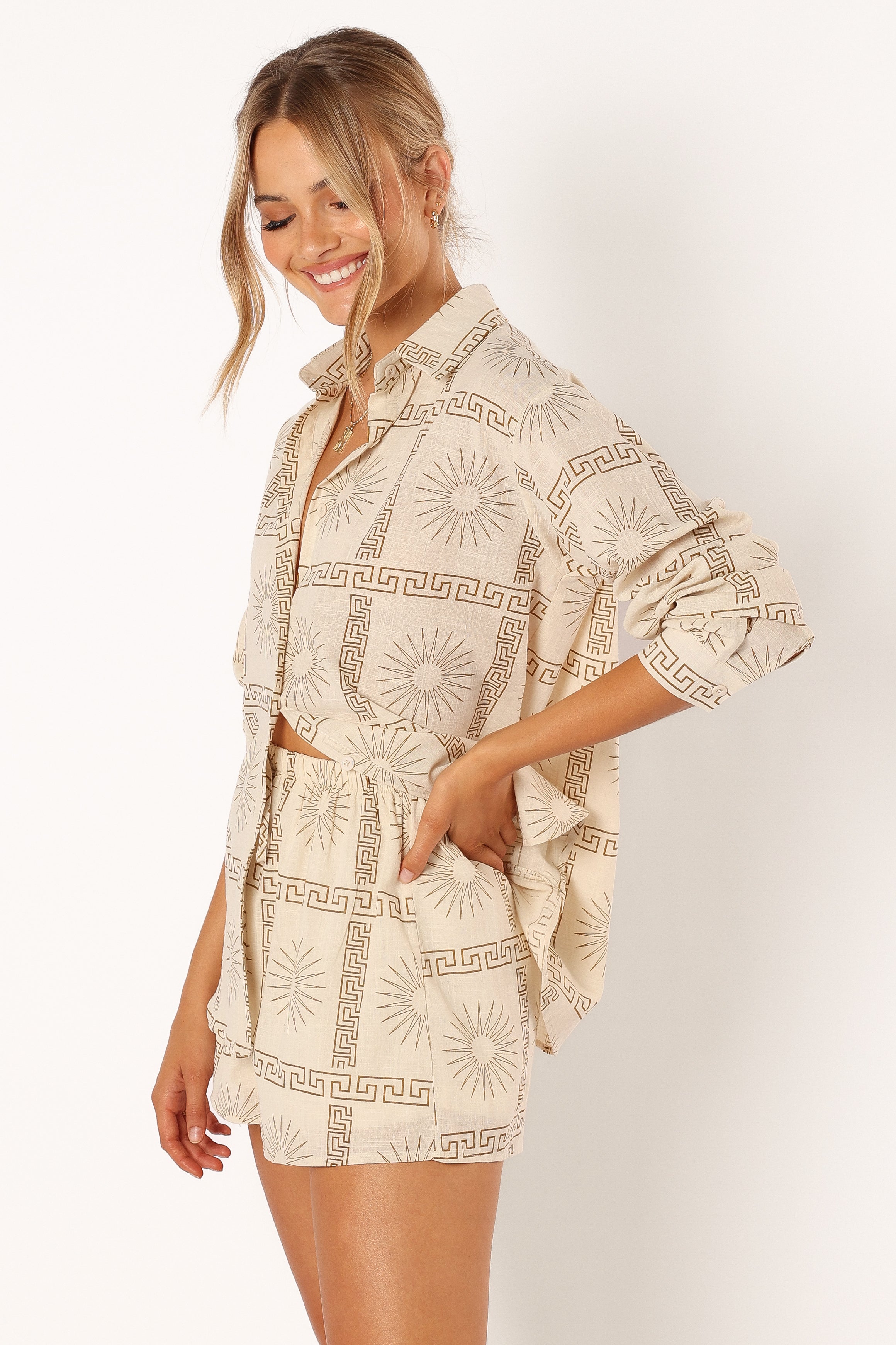 Beige Print Cotton Penny Short Set with V-Neckline