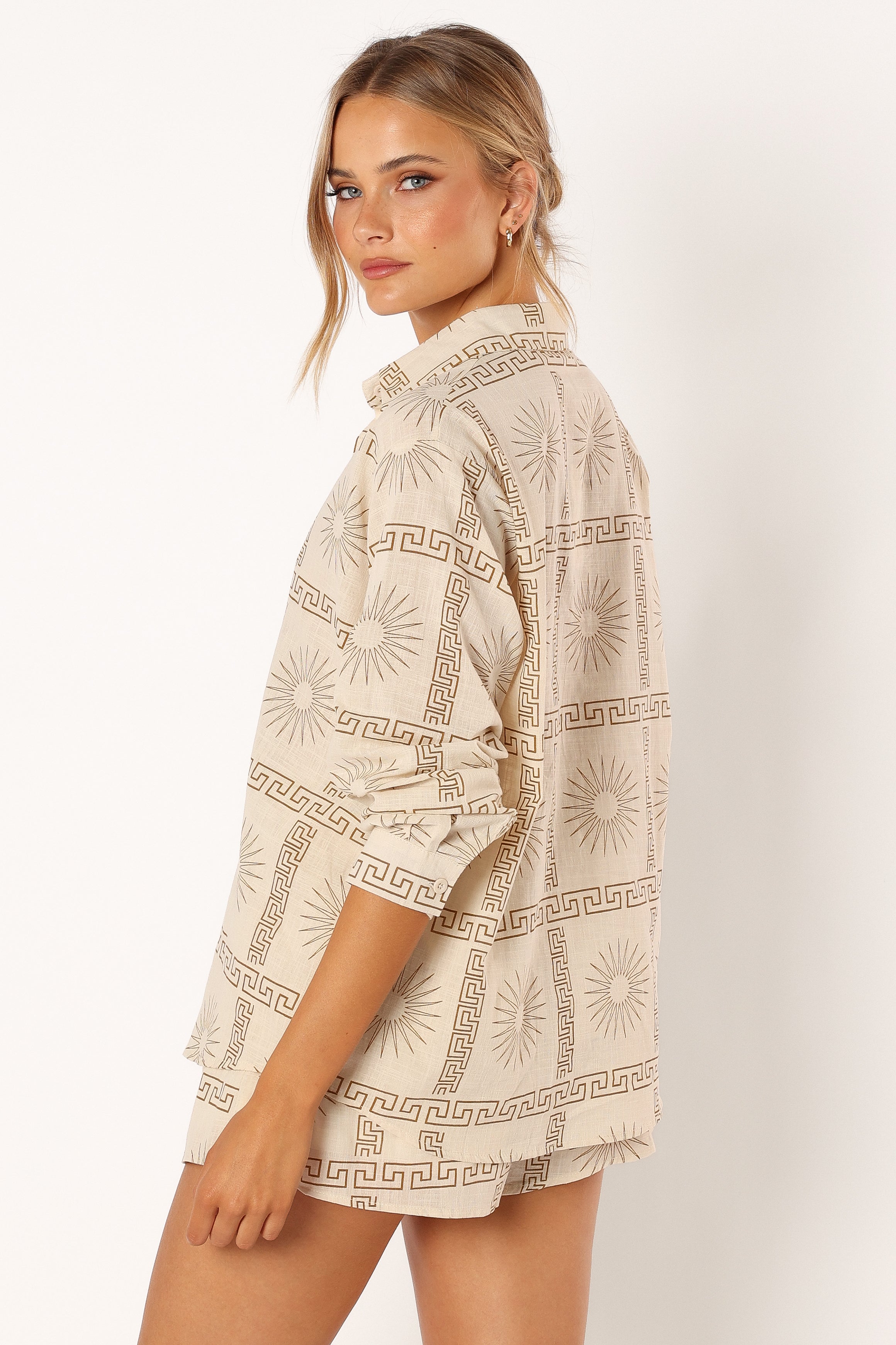 Beige Print Cotton Penny Short Set with V-Neckline