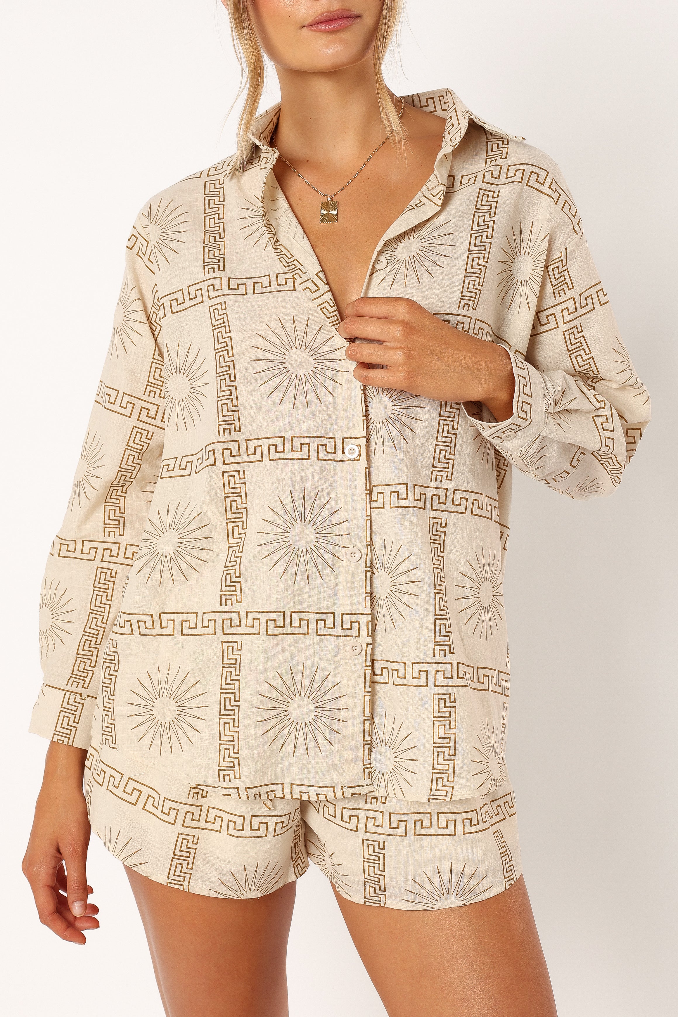 Beige Print Cotton Penny Short Set with V-Neckline