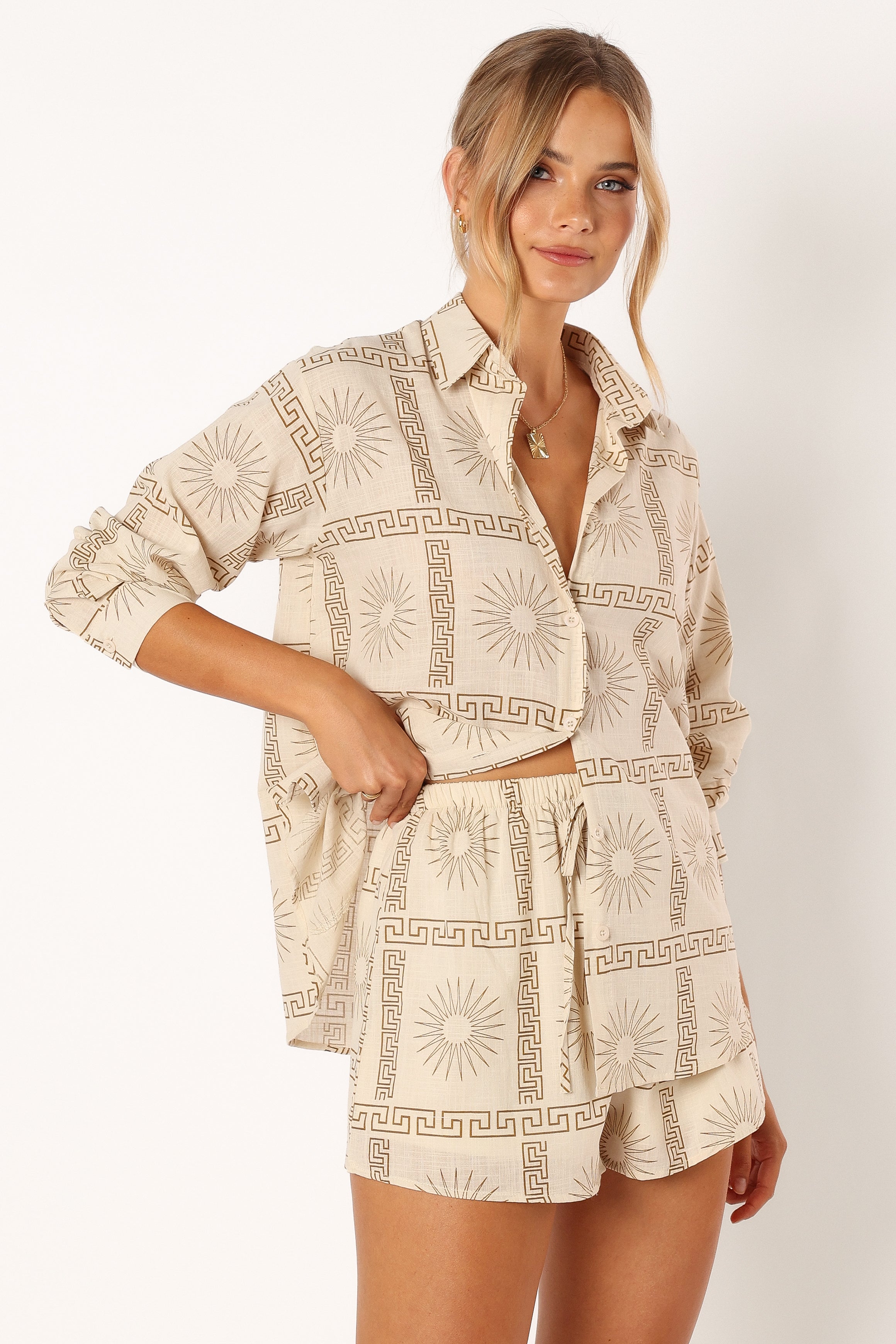 Beige Print Cotton Penny Short Set with V-Neckline