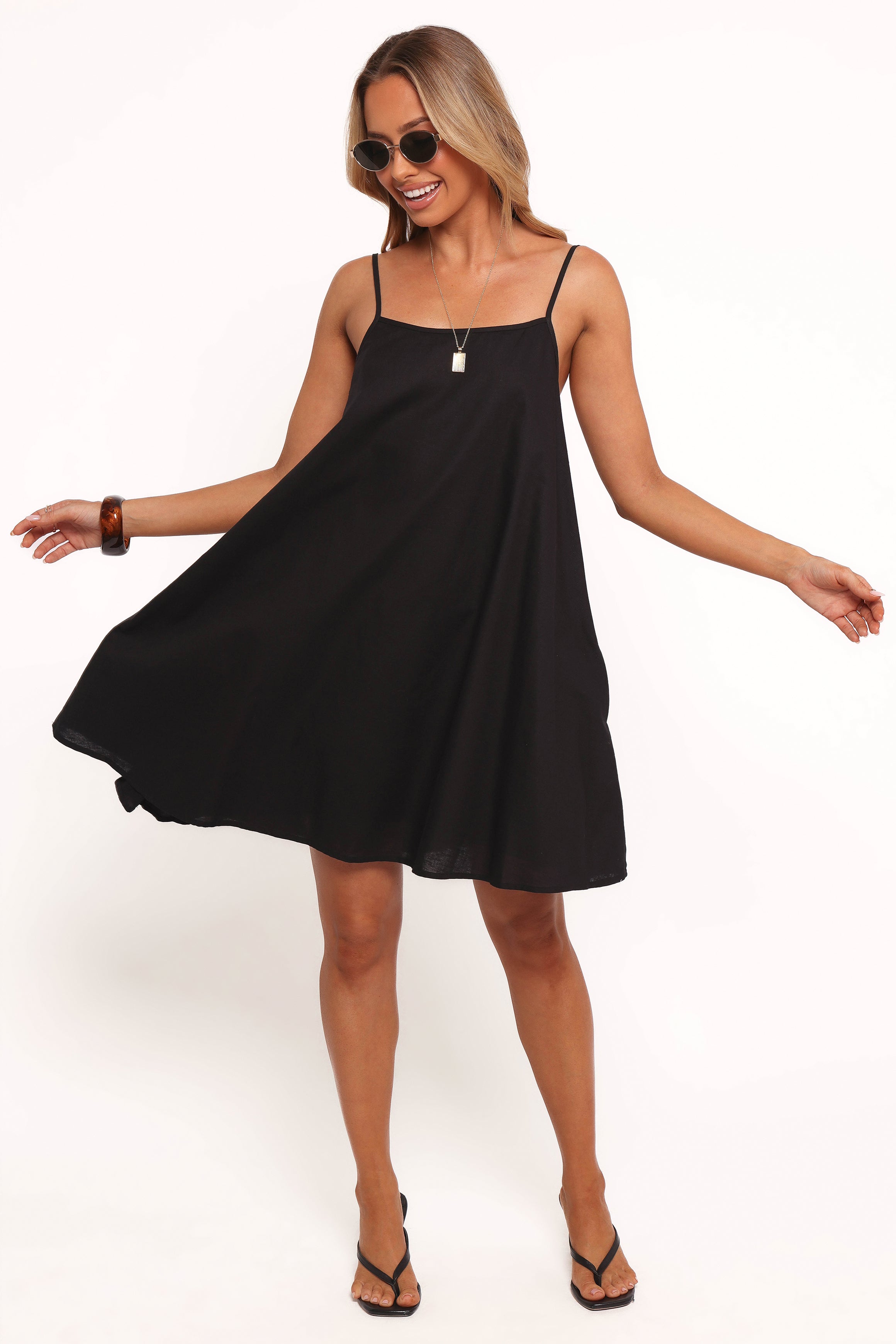 Cloella Black Cotton Linen Mini Dress with Pockets