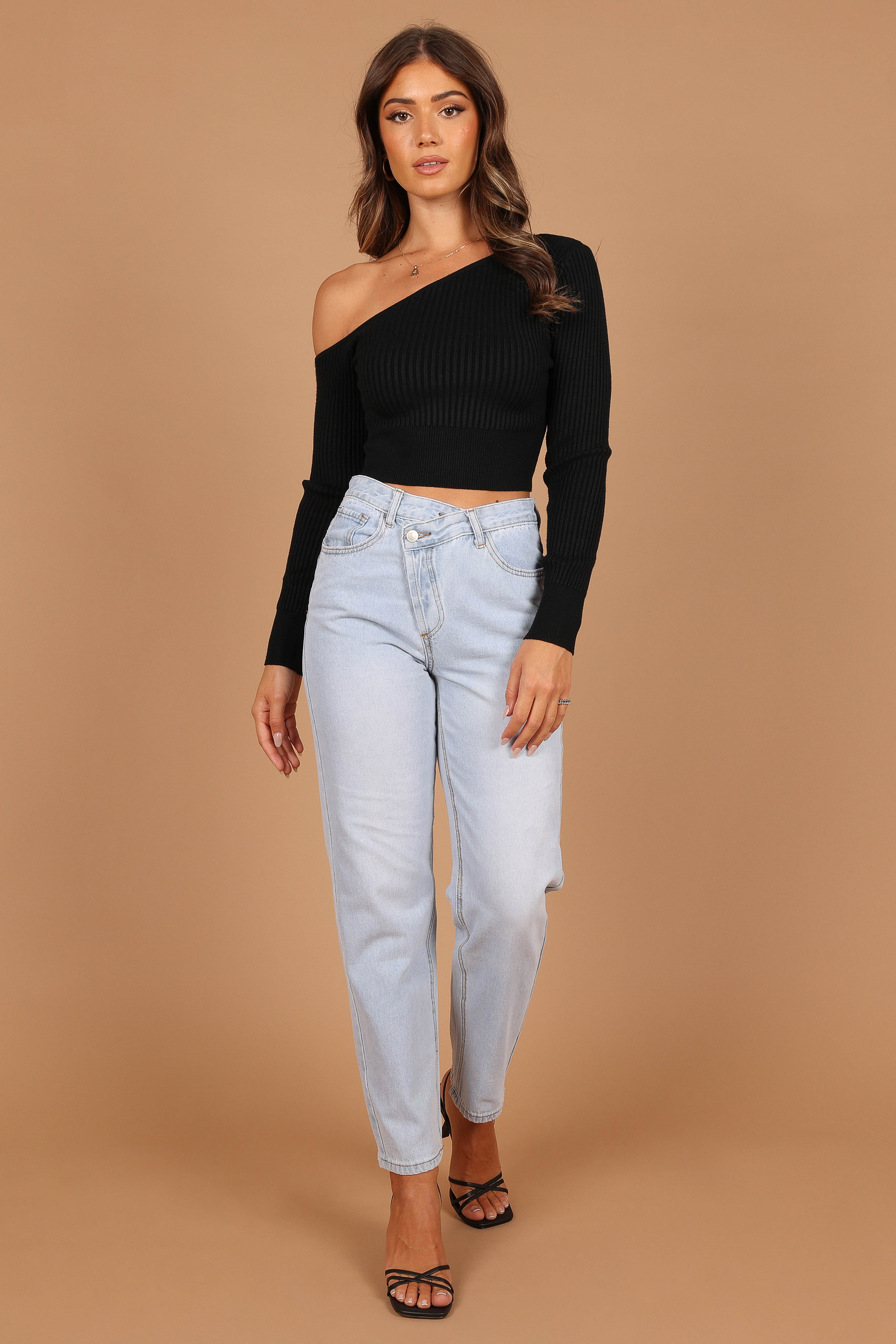 Black One Shoulder Knit Top - Tina Cropped Ribbed Sleeve