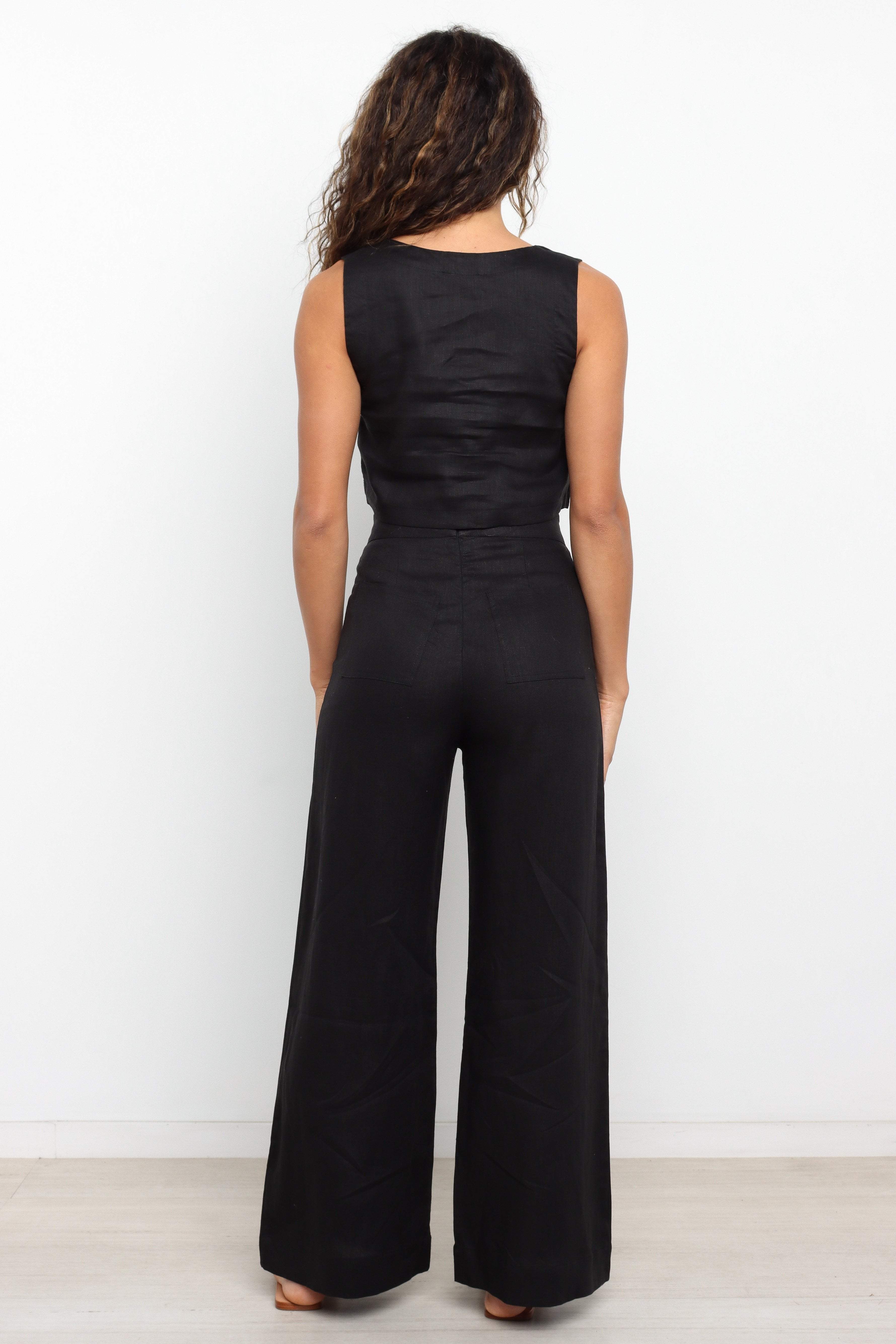 Linen Cropped Cami Top - Devlin Black Square Neck Relaxed Fit
